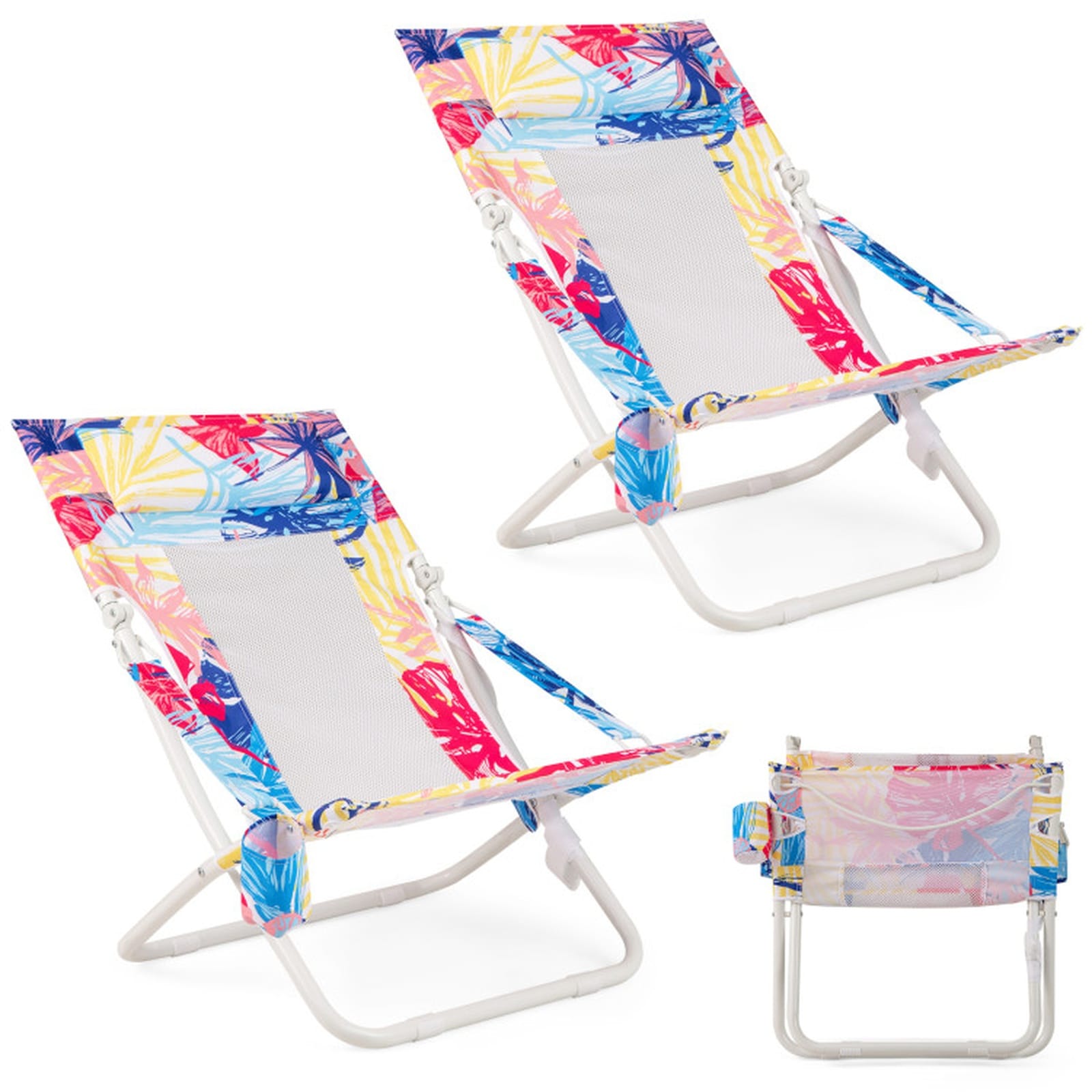 SUGIFT Set of 2 Folding Low Beach Chairs with Removable Padded Headrest Breathable Mesh Back 600D PU-Coated Oxford Fabric Cross-Shaped Metal Frame with Non-Slip Foot Pads Cup Holder and Towel Rack 330-lb Capacity in Pink for Beach Lawn and Backyard