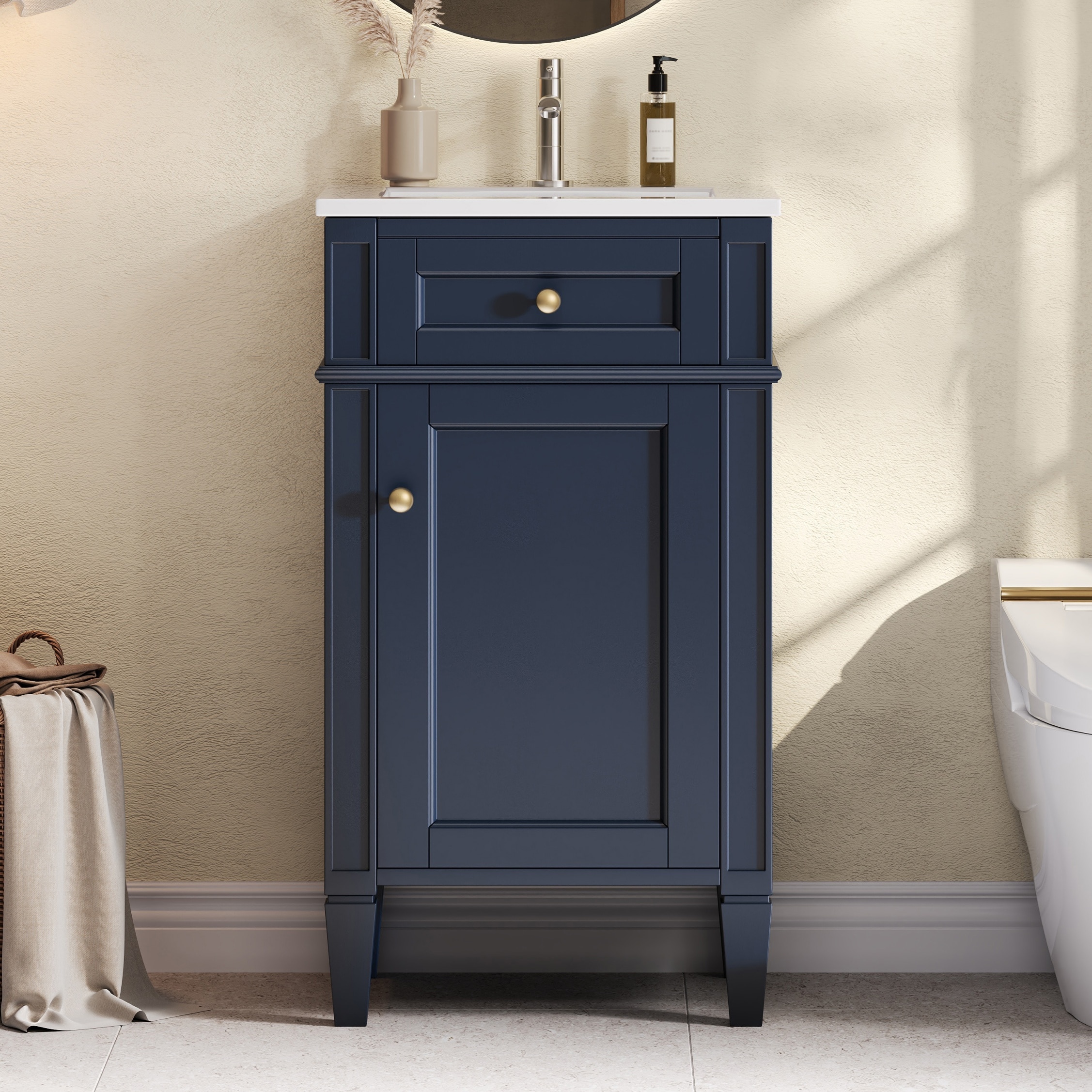 GLANZEND - 16.1-in D x 18.1-in W x 33.7-in H Bathroom Vanity Ceramic MDF Blue Integrated Sink So...