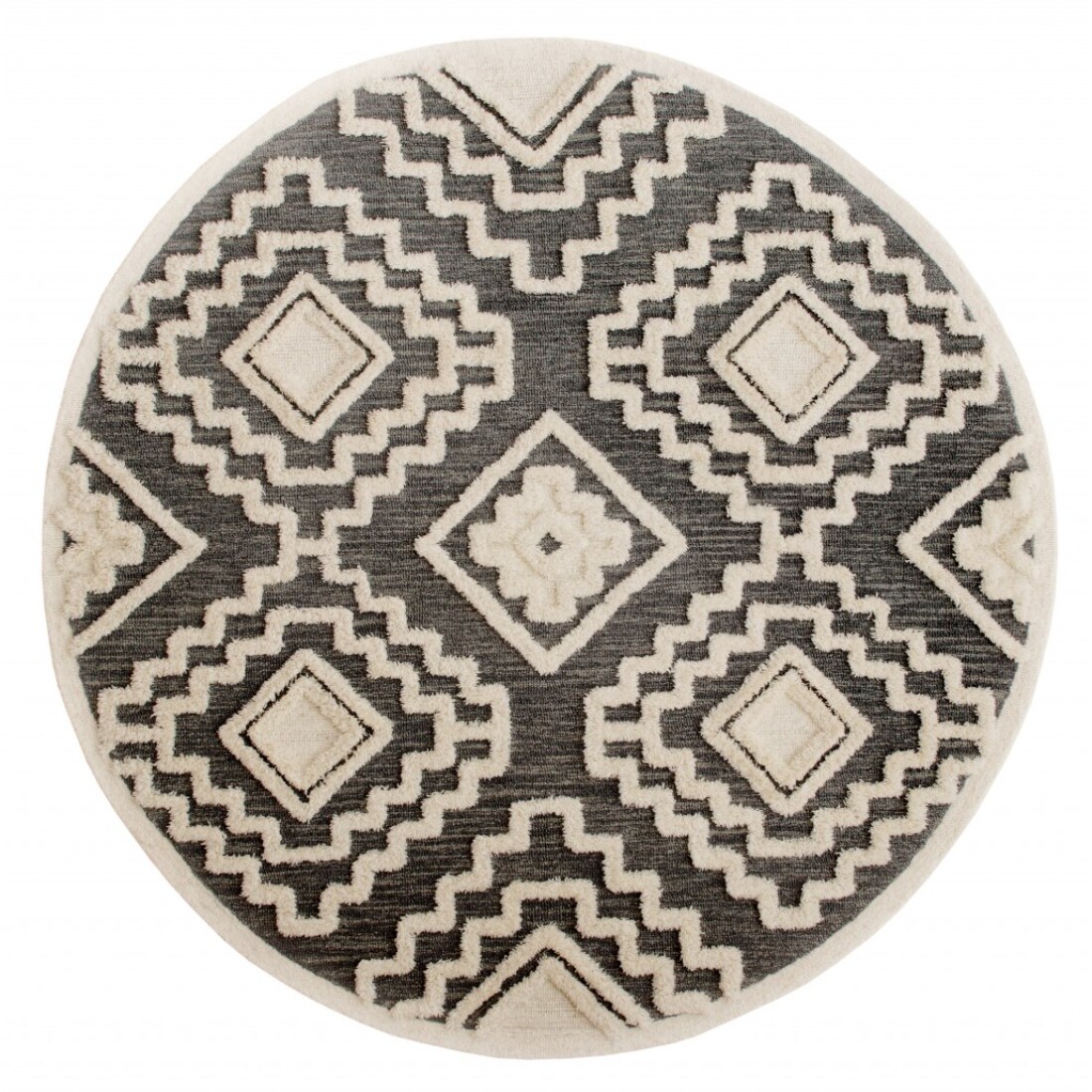 Gray and Cream Tufted Geometric Wool Round Area Rug, 6 ft.