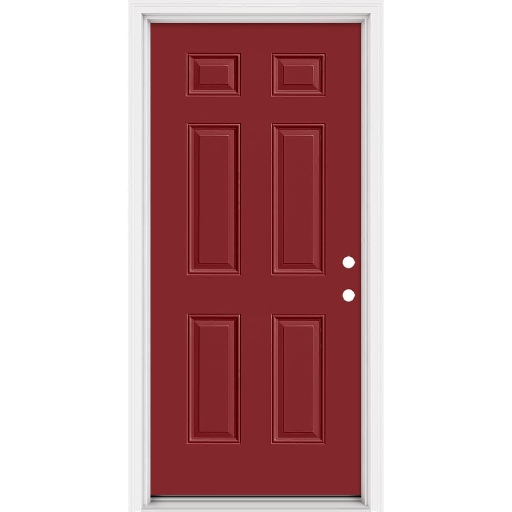 Masonite 321069 Steel Doors Series 36-in x 80-in x 4-9/16-in Steel No glass Left-hand inswing Roma Red Painted Prehung Front Door with Brickmould Insulating core