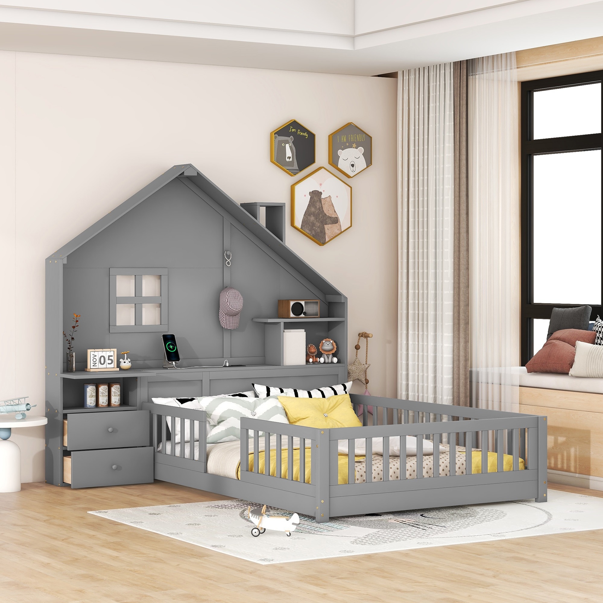 ModernLuxe LT000423AAE Full Size House Bed with Window and Bedside Drawers Platform Bed with Shelves and a set of Sockets and USB Port Gray