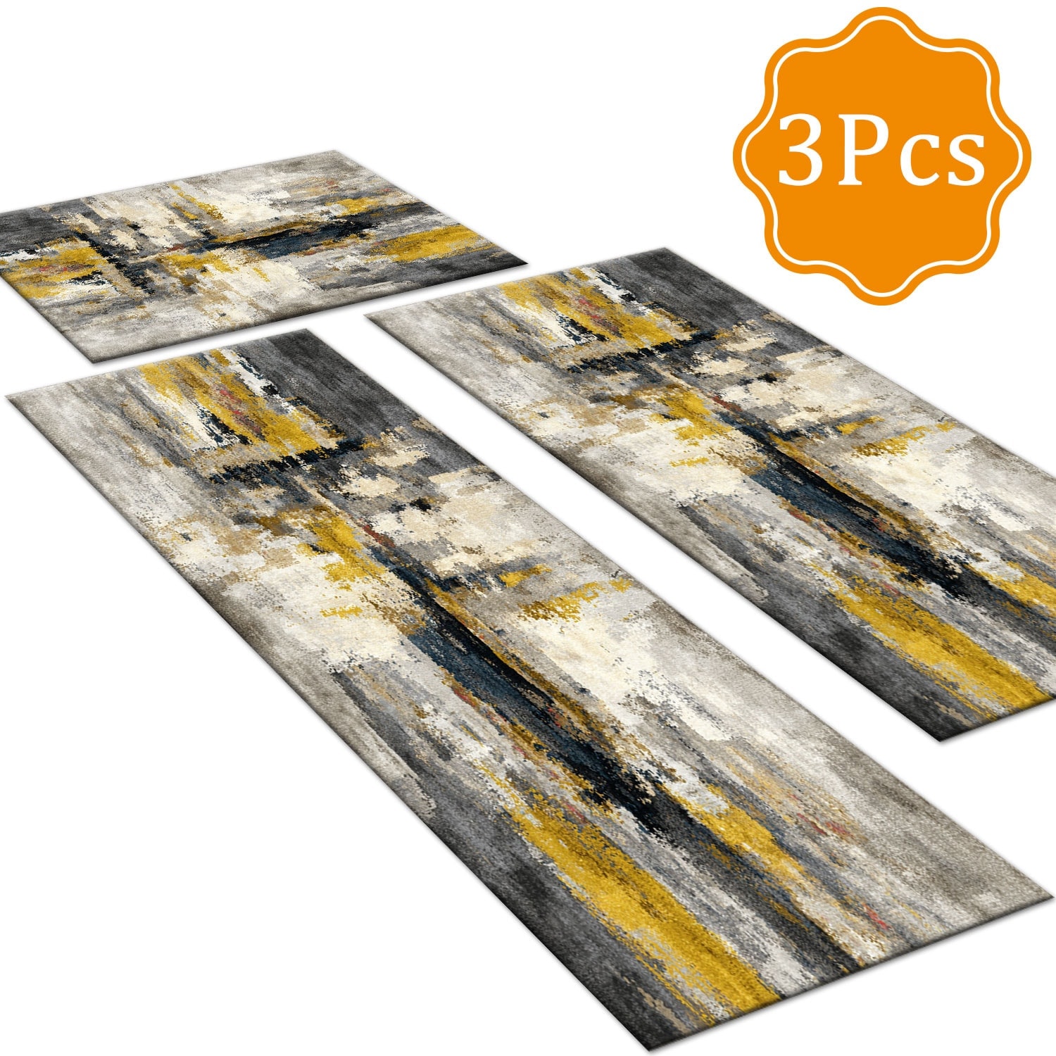 3-Piece Indoor Rug Set Non-Slip Washable Runner Mats Soft Floor Mats for Kitchen Laundry Hallway and Entryway 20x32in 20x47in 20x60in Elegant Gold and Grey Wash