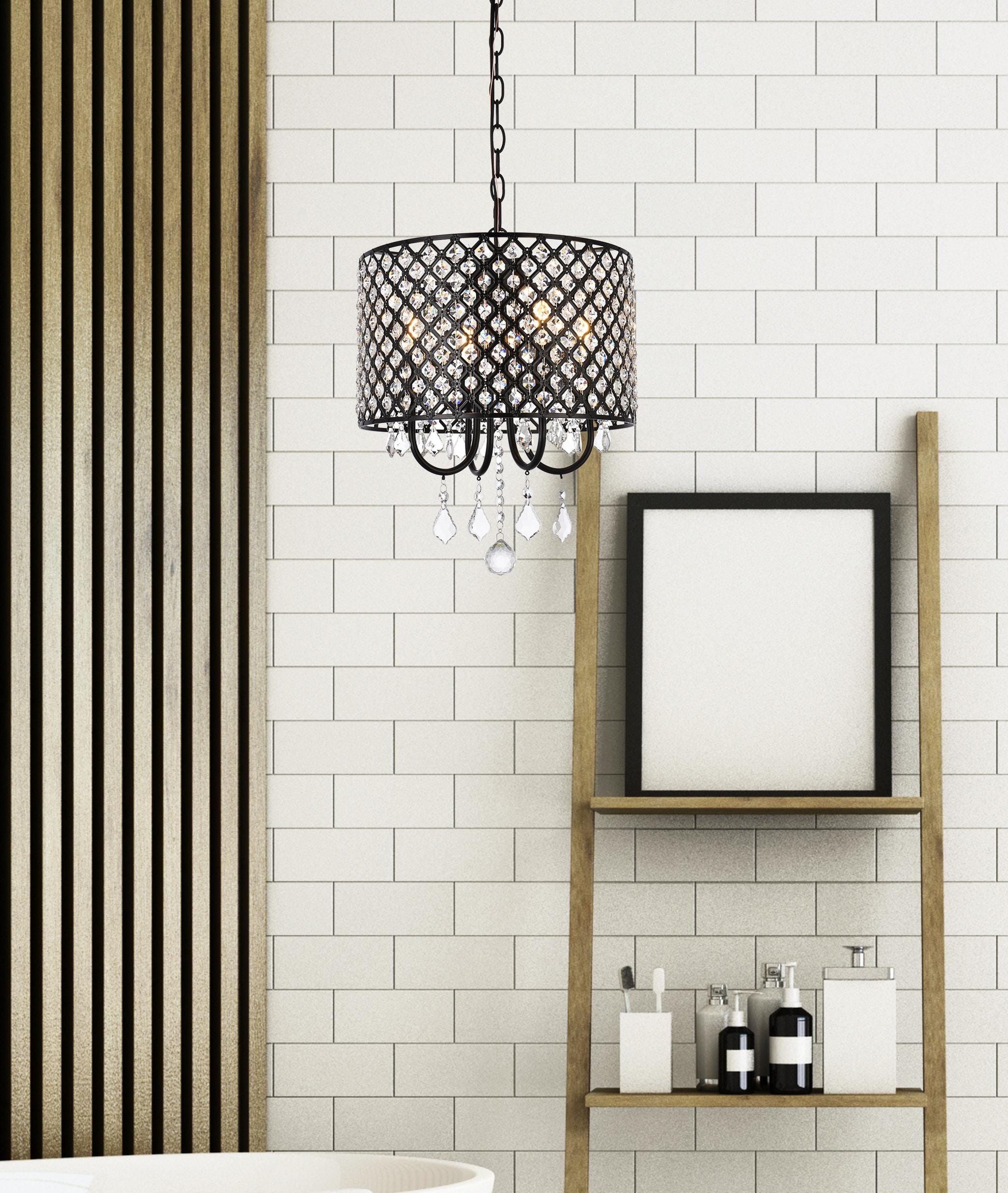 Elegant Crystal and Iron Black Drum Pendant with Lattice Shade