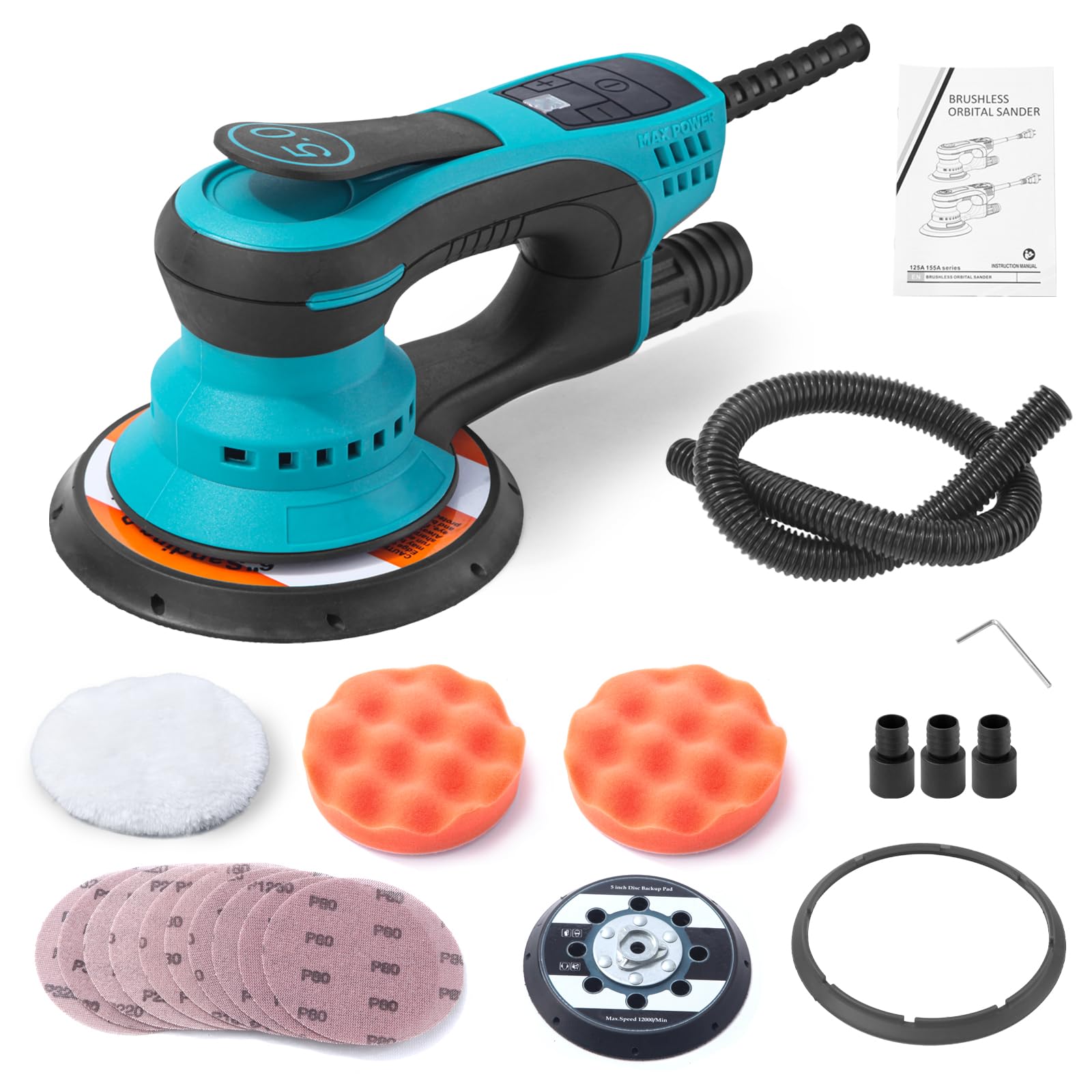Justincity  Electric Random Orbital Sander Five Six Inch 350W Brushless Motor Variable Speed 4000 to 10000 RPM with Dust Collector for Wood and