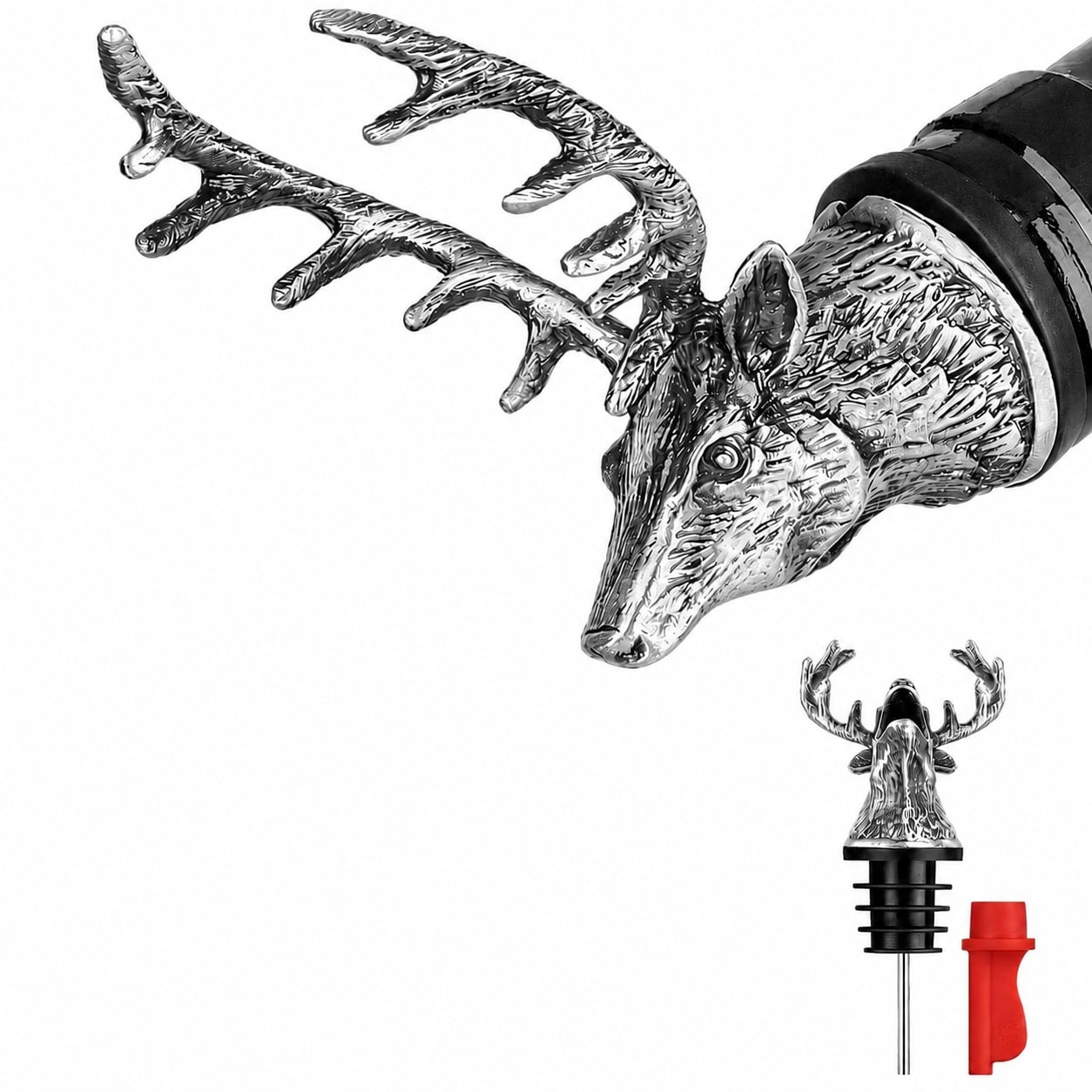 Aoibox  Deer Head Wine Bottle Pourer and Stopper 2 in 1 Dark Silver Stag Liquor Pourer for Home Bar