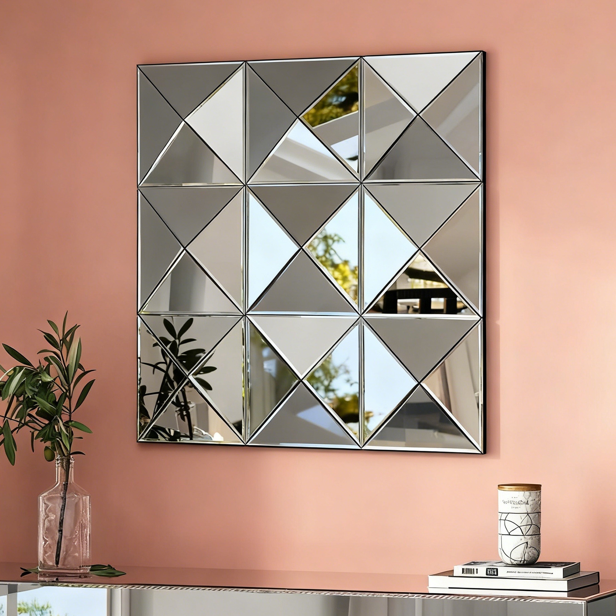 IAK 32 inch x 32 inch Silver Glass and Wood 3D Wall Decor Beveled Mirror with Modern Handcraft Design