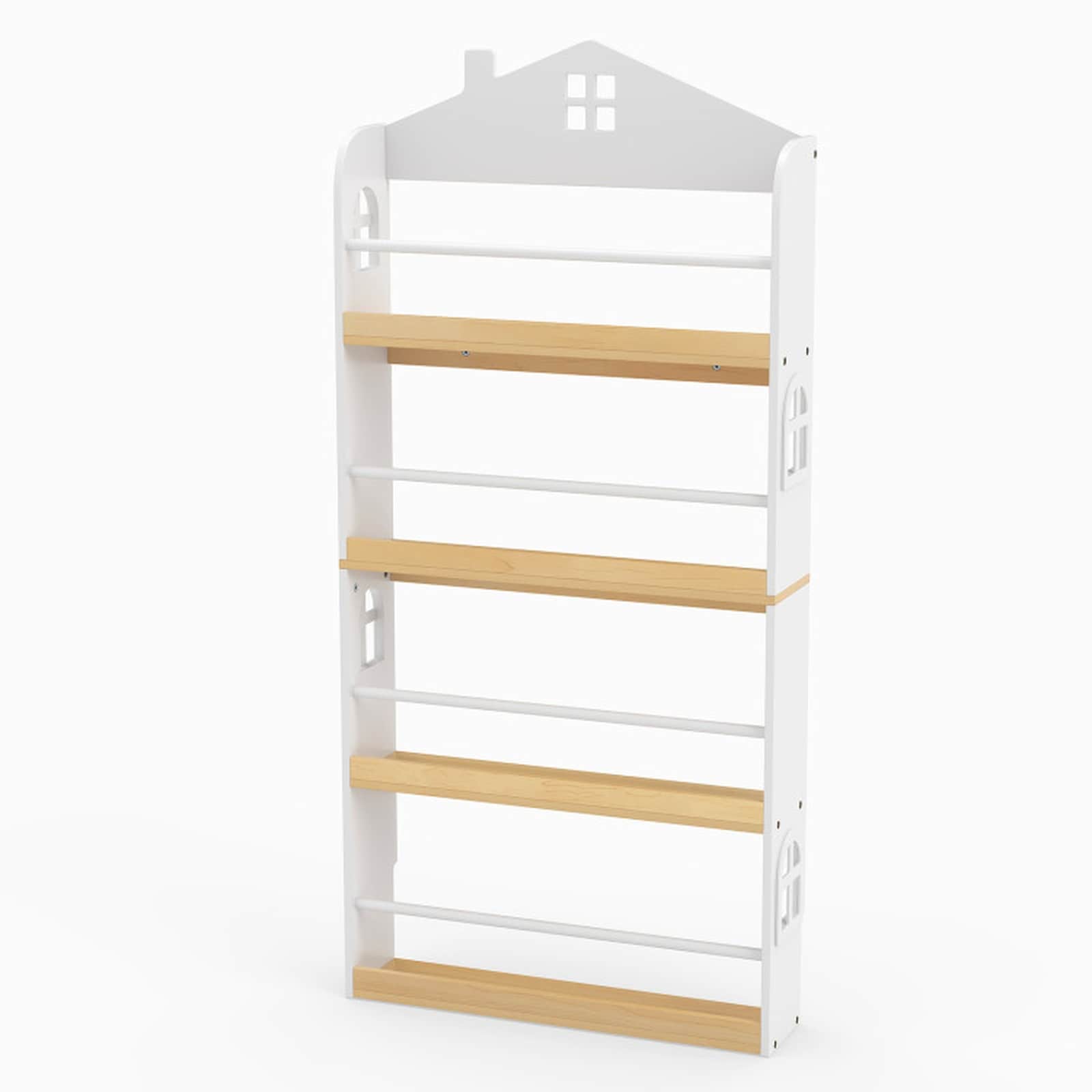 SUGIFT 4-Tier House-Shaped Kids Bookshelf with Anti-Falling Baffles 24-in MDF Wood Bookcase for Nursery Playroom Bedroom-White and Natural