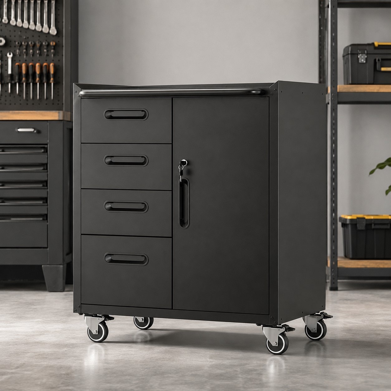 HBUDS Sturdy Metal Tool Storage Cabinet with Wheels 4 Drawers Lockable Compartment for Garage Office Home Organizer Black Gray