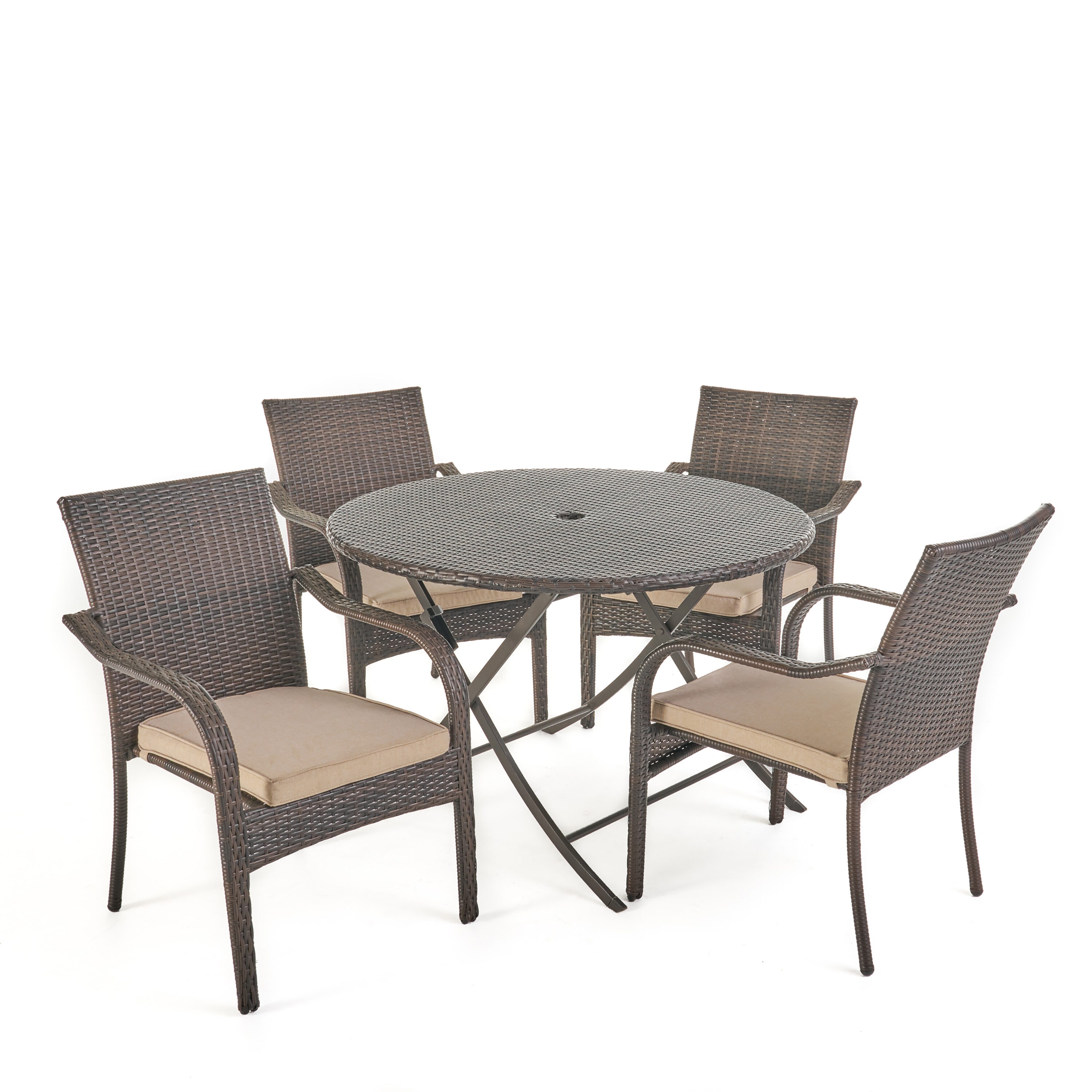 Best Selling Home Decor 302007 Lula 5 -Piece Multi Brown Patio Dining Set Iron Round Table with 4 Off-white Cushions Stackable Stationary Chairs