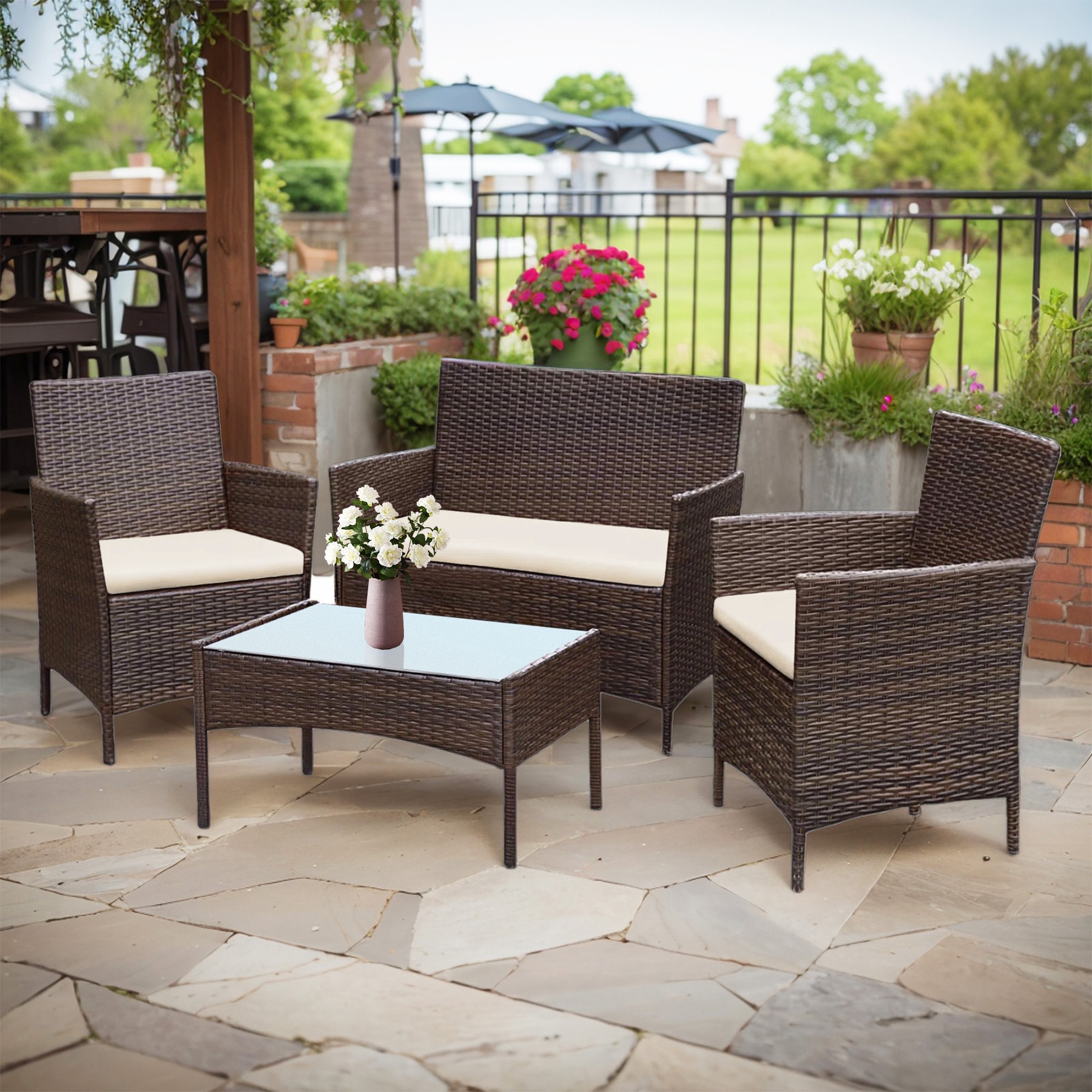 Grearden HZNF610-BG 4 -Piece Wicker Patio Conversation Set with Off-white Cushions