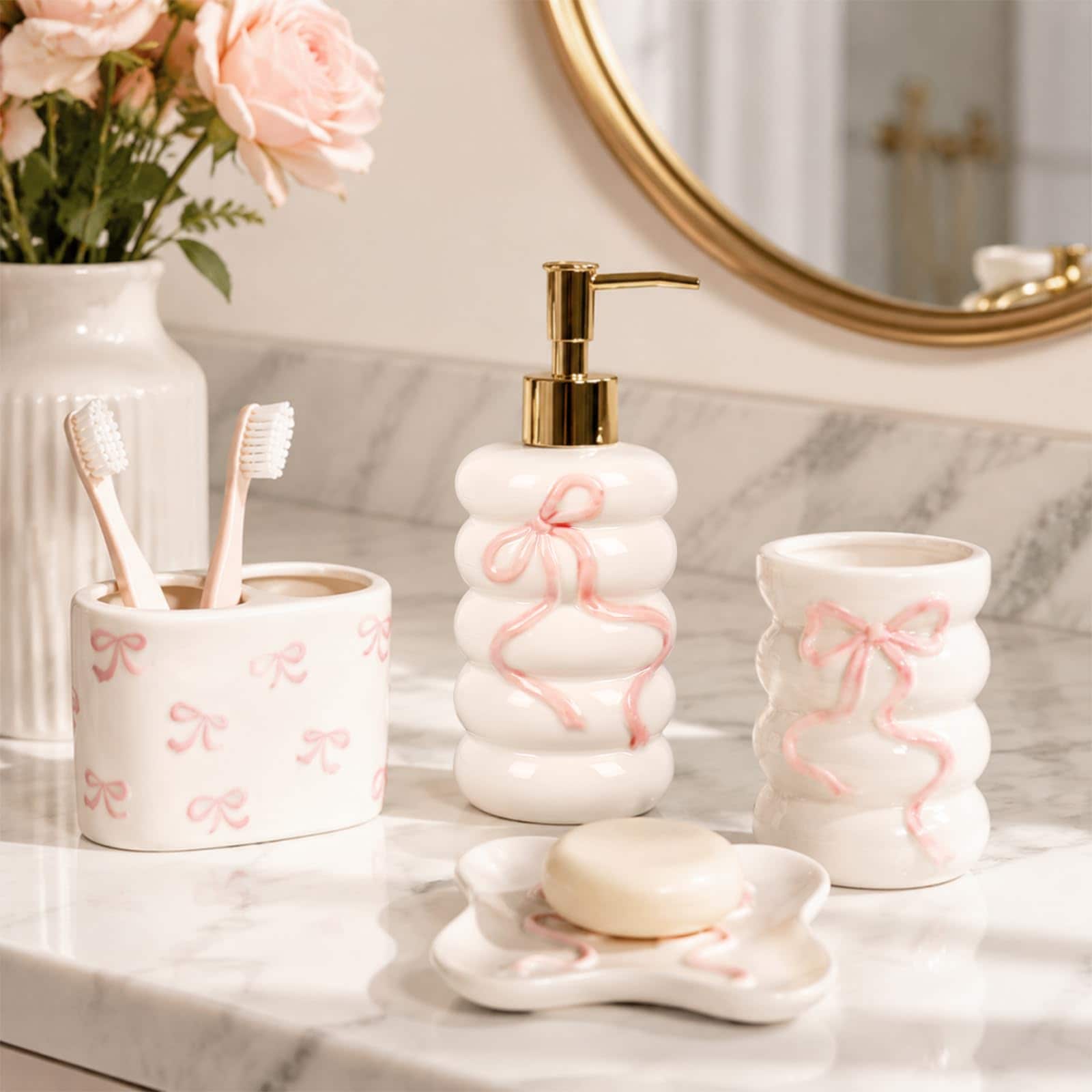 Yichuhaoxi  Pink 3D Bow Ceramic Bathroom Accessories Set Soap Dispenser Toothbrush Holder Tumbler Soap Dish for Vanity Decor