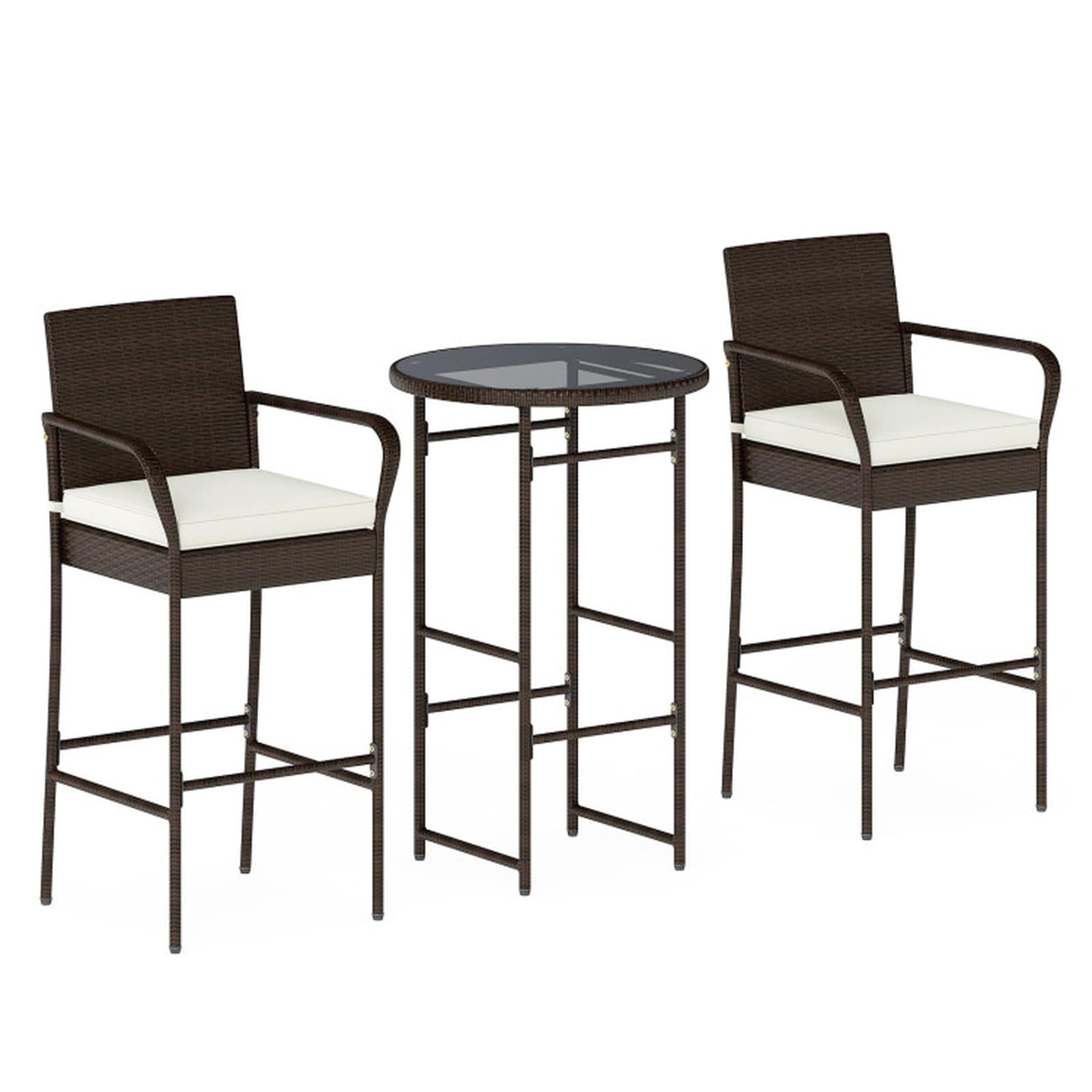 SUGIFT 3-Piece Outdoor Wicker Bar Set with 2 Bar Chairs and 25-in dia Tempered Glass Bar Table 40-in Table Height 30-in Seat Height 2 Off White Seat Cushions PE Rattan Metal Frame 400-lb Chair Capacity for Patio Poolside Porch Garden Balcony