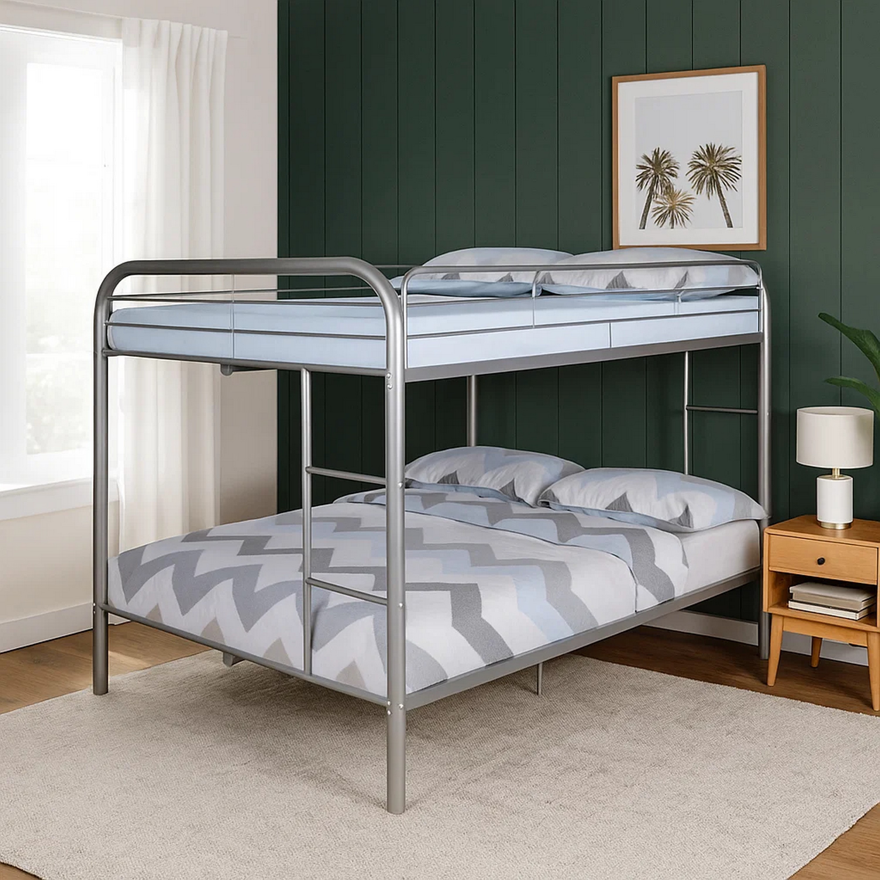 Benzara Fegy Silver Full Bunk Bed with Attached Side Ladder