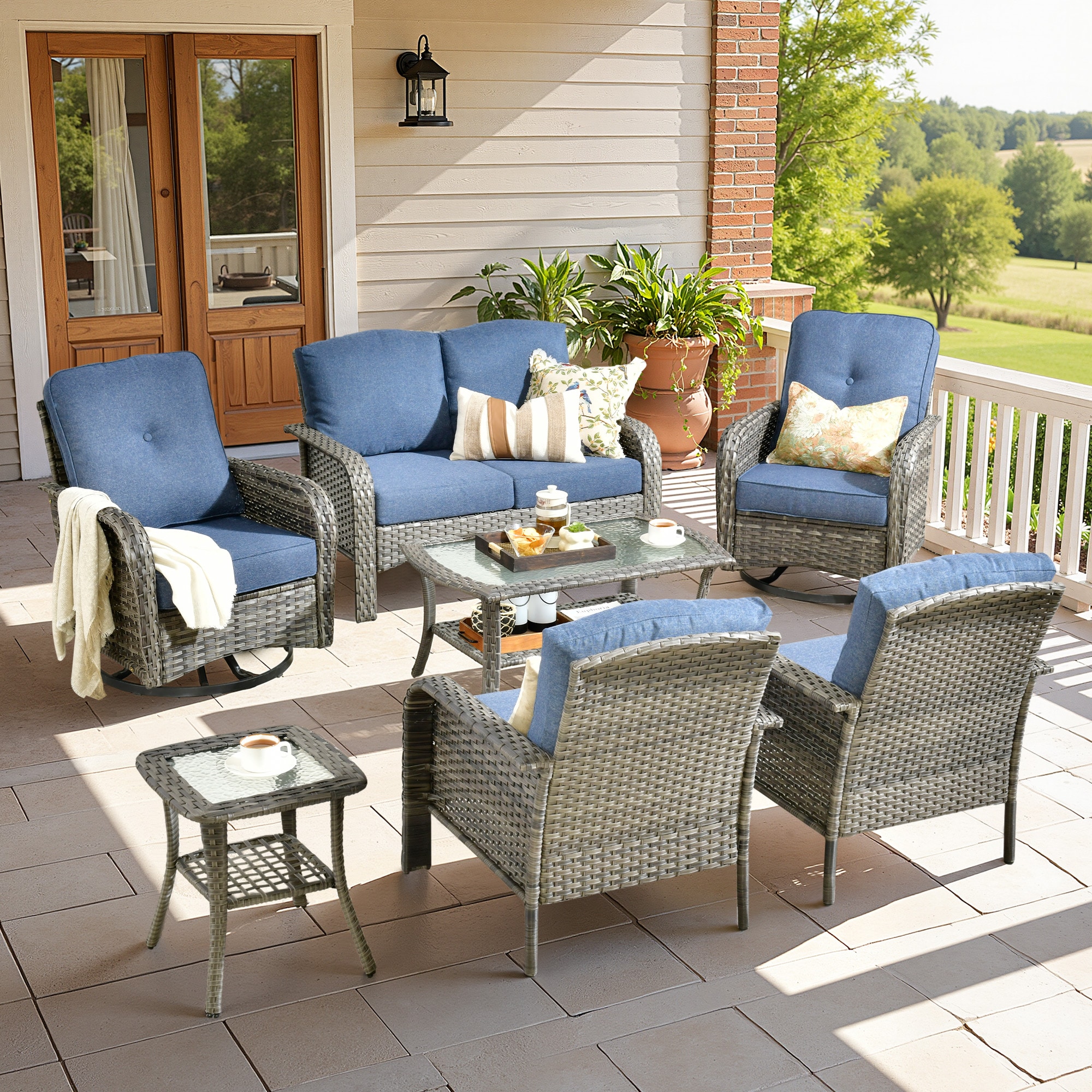 ALTRIGUS 6LYZGNCGNDS30071AL 7 -Piece Wicker Patio Conversation Set with Blue Cushions