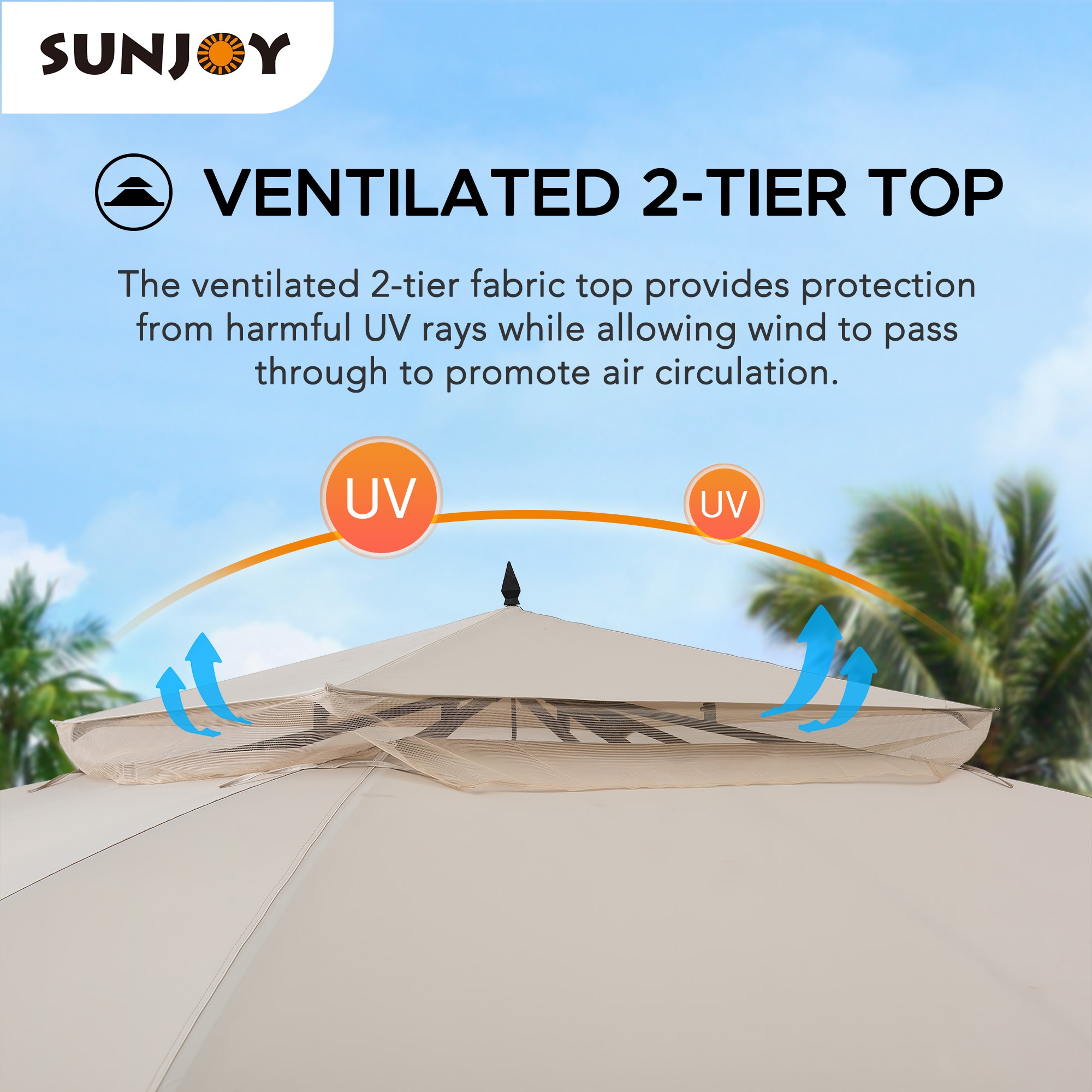 Sunjoy Beige Canopy Black Steel Frame Octagon Gazebo with Mosquito Netting