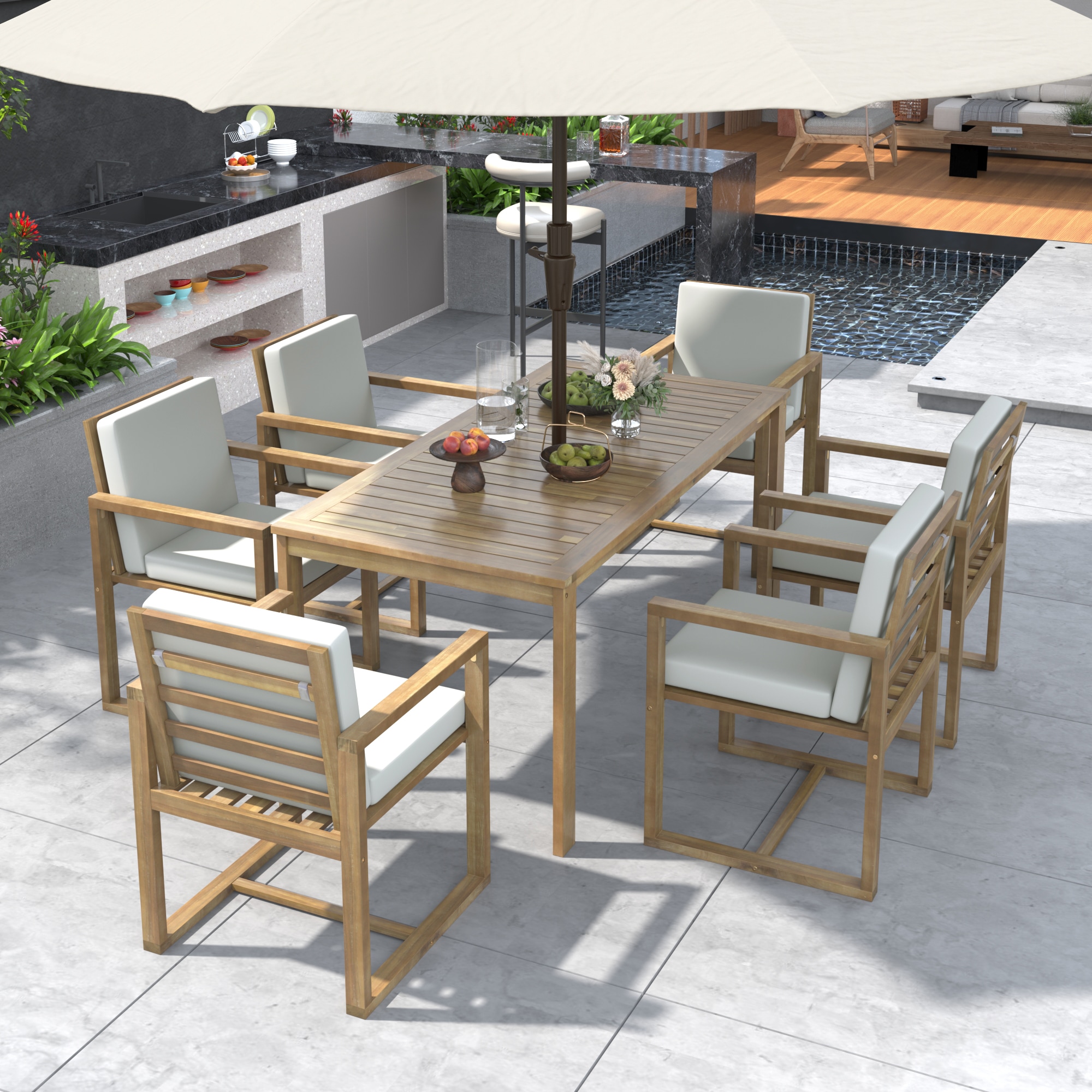 ModernLuxe L-SZ000090AAA Patio Dining Set Outdoor Dining Table and Chair Set 7 -Piece Light Teak Patio Dining Set Wood Rectangle Table with 6 Gray Cushions Stationary Chairs