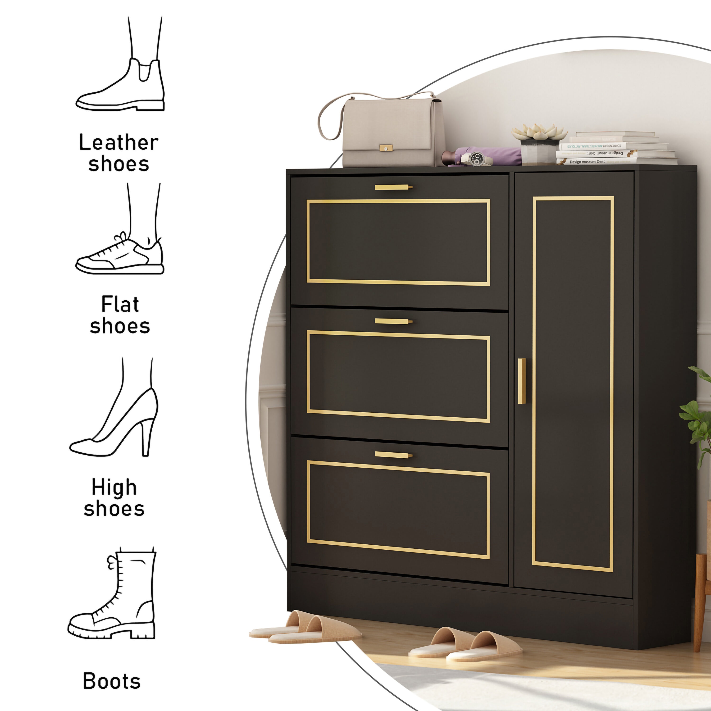 FUFU&GAGA 47.2-in H 3 Tier 18 Pair Black Composite Shoe Cabinet in