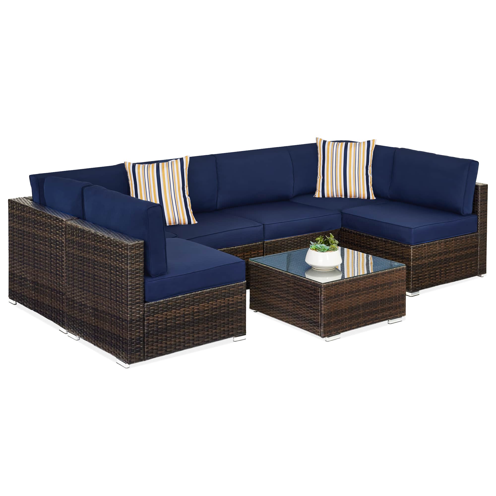 Best Choice Products SKY7212 7-Piece Outdoor Modular Patio Conversation Furniture Wicker Sectional Set - Brown/ Navy