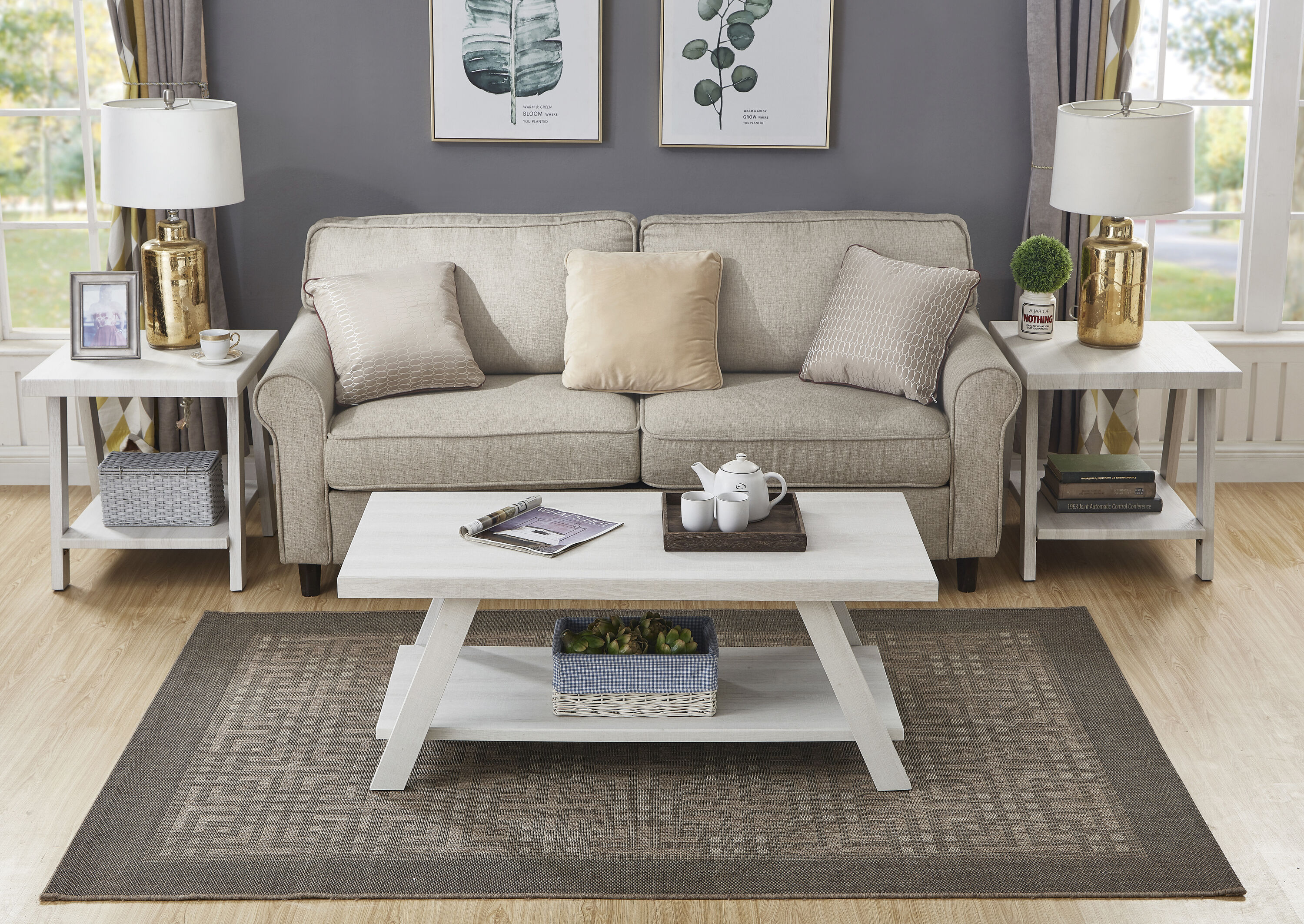 Athens White Engineered Wood Coffee Table Set with Shelf