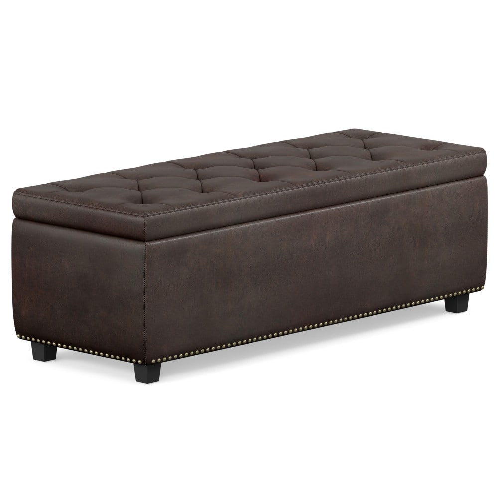 Simpli Home AXCOT-239-DBR Hamilton Casual Distressed Brown Faux Leather Storage Ottoman