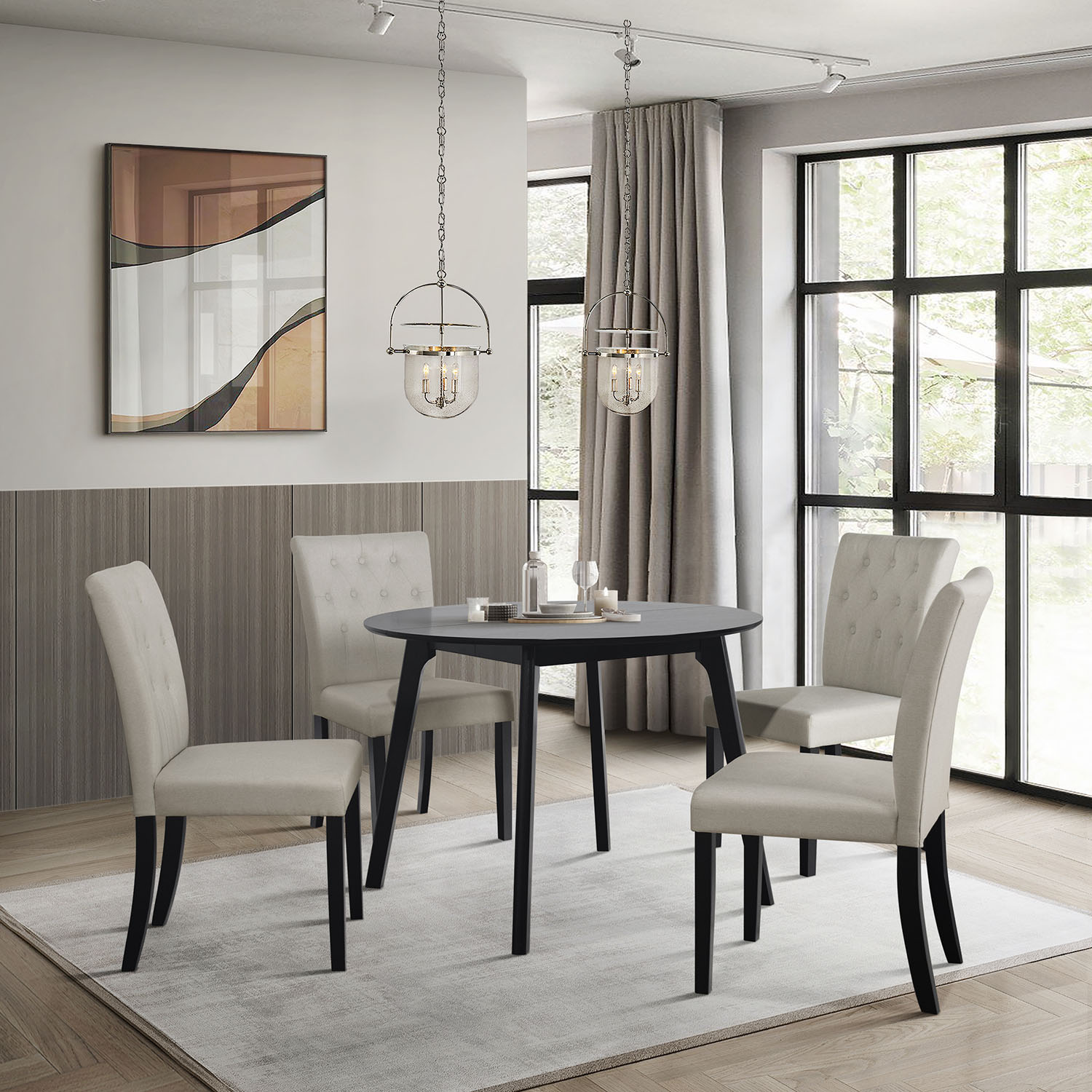 CasePiece C3085US-BG-LN-BK-C3 Beige Transitional Dining Room Set with Round Table ( Seats 4 )