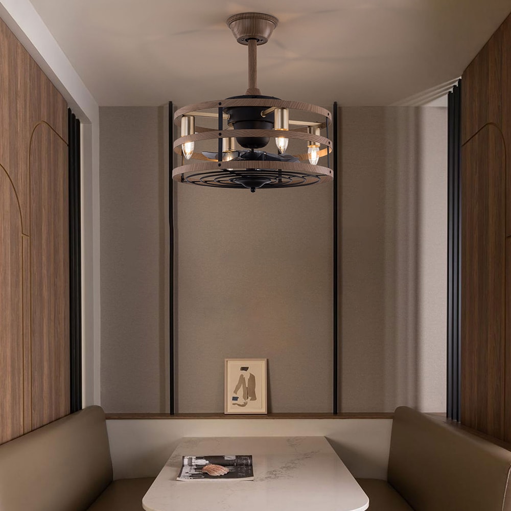 18-Inch Light Brown Caged Ceiling Fan with Remote and Lighting