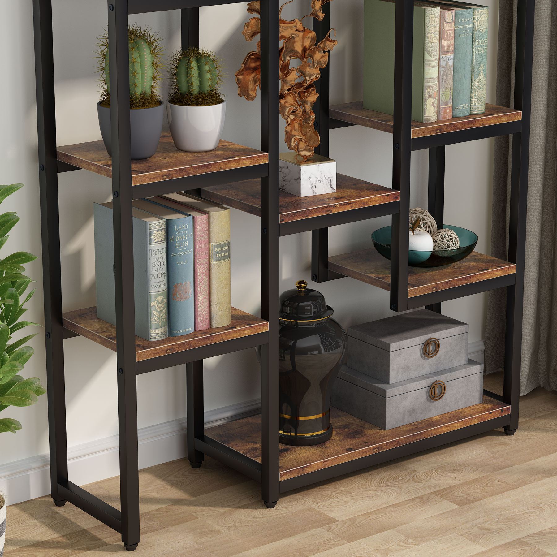 Eulas 70.8 in. Black Wood 10 Shelf Etagere Bookcase with Open Shelves