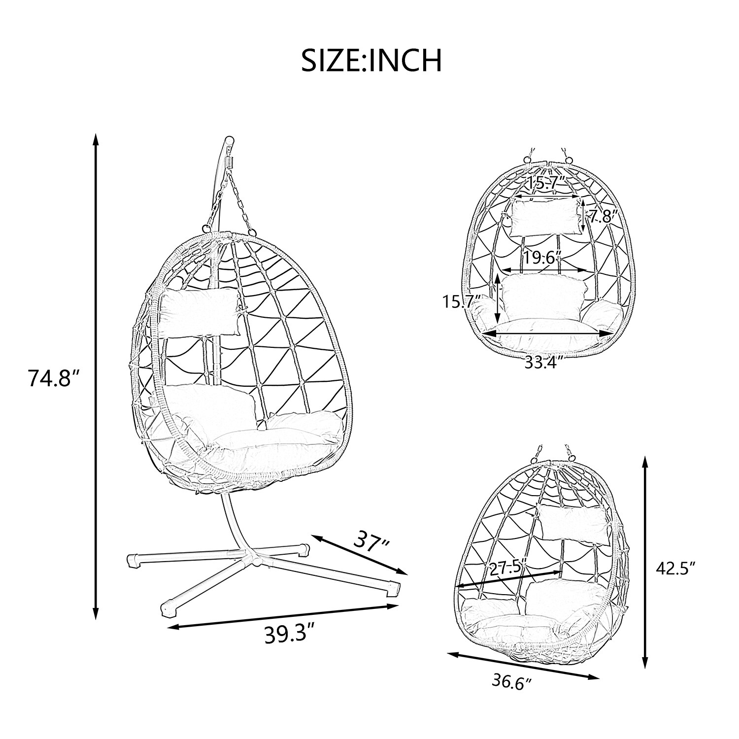 Gray Steel Outdoor Egg Hanging Chair with Cushions