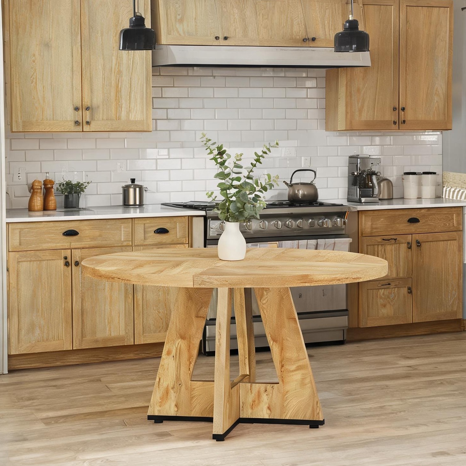 BBabe Round Dining Table for 4 47-in Farmhouse Kitchen Table in Warm ...