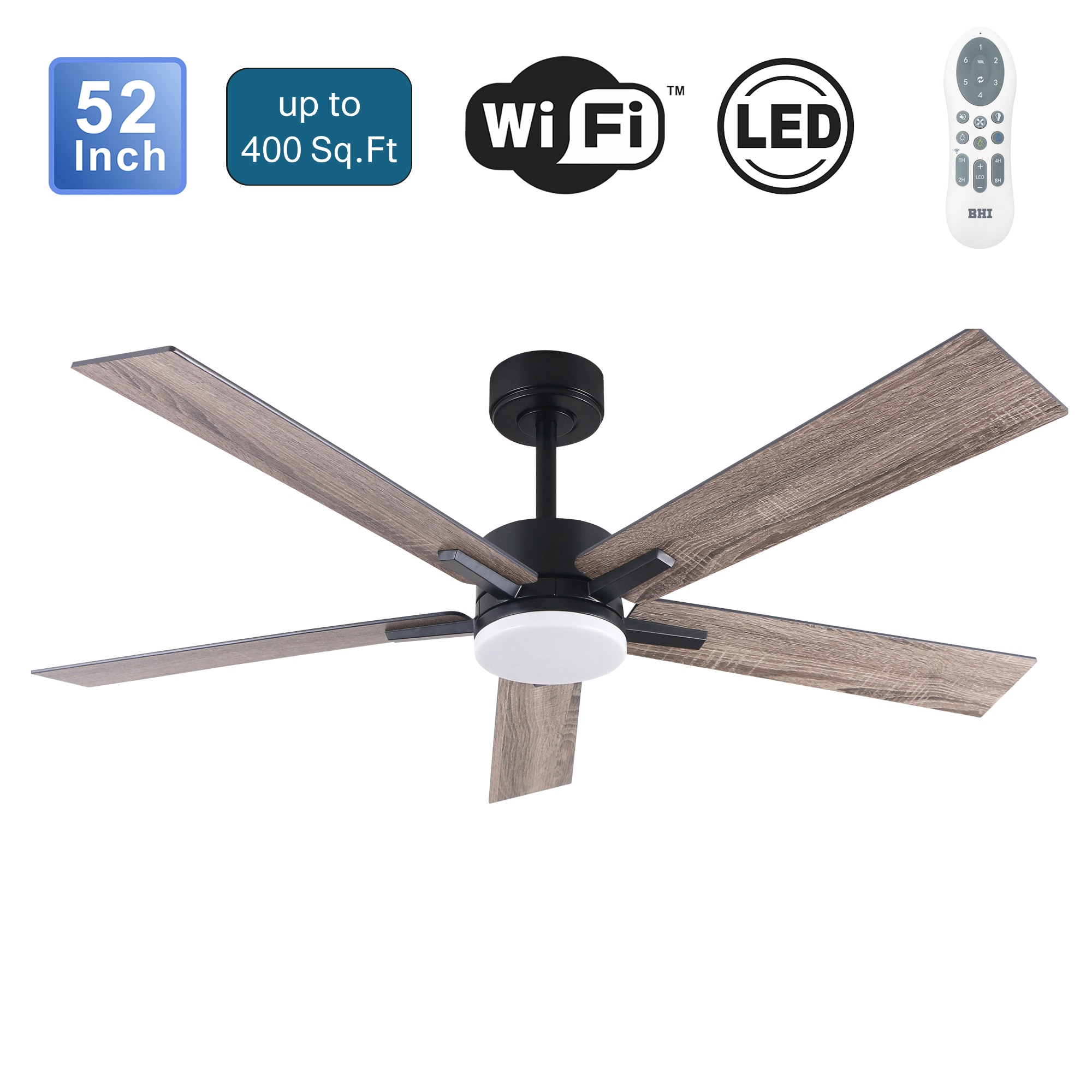 BHI BHI-52-YJ617 ARES 52-in Color-Changing Integrated LED Matte Black with Light Brown Blades Ceiling Fan With Light - Remote Included ( 5 -Blade )