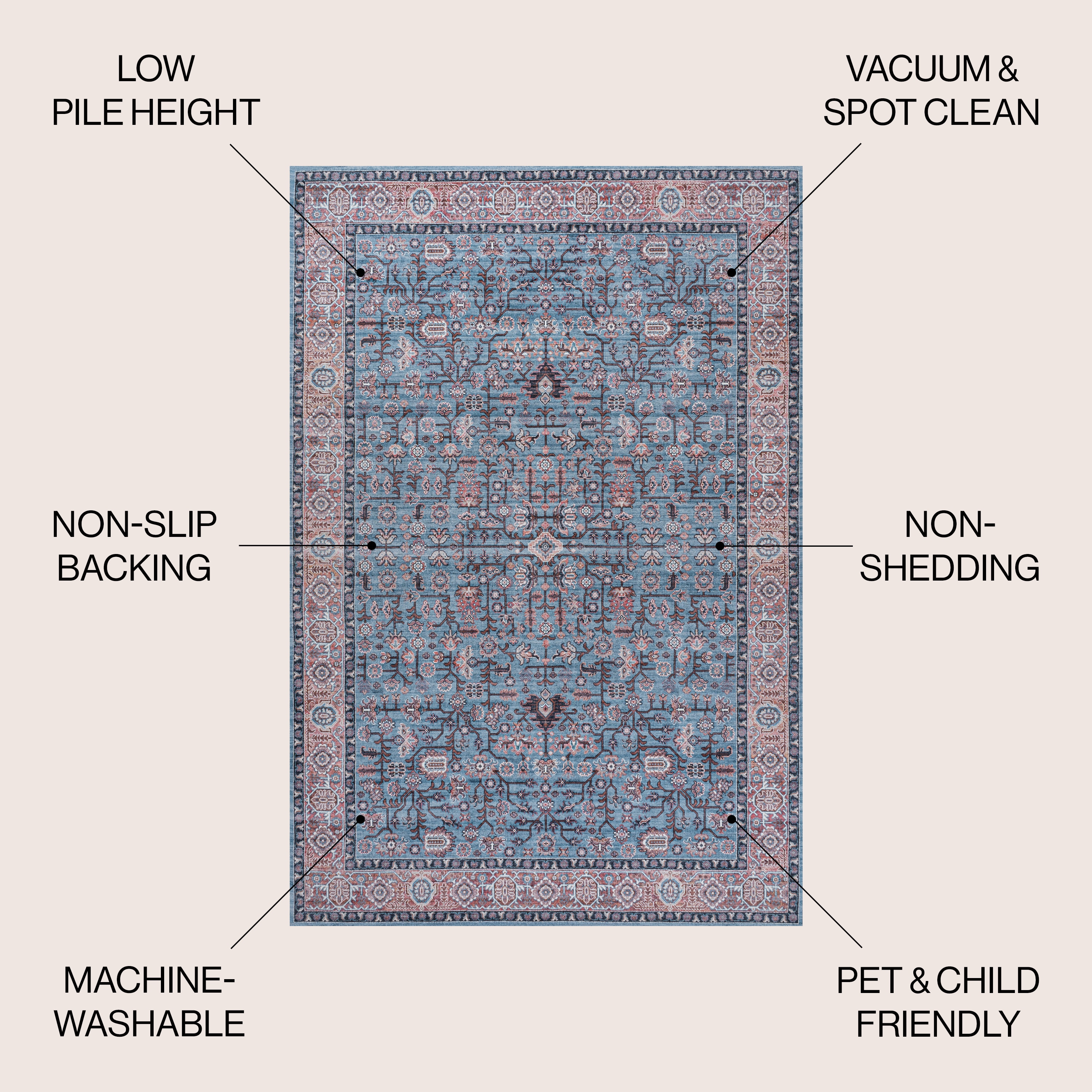 Persian-Inspired Blue and Red Chenille Washable Area Rug