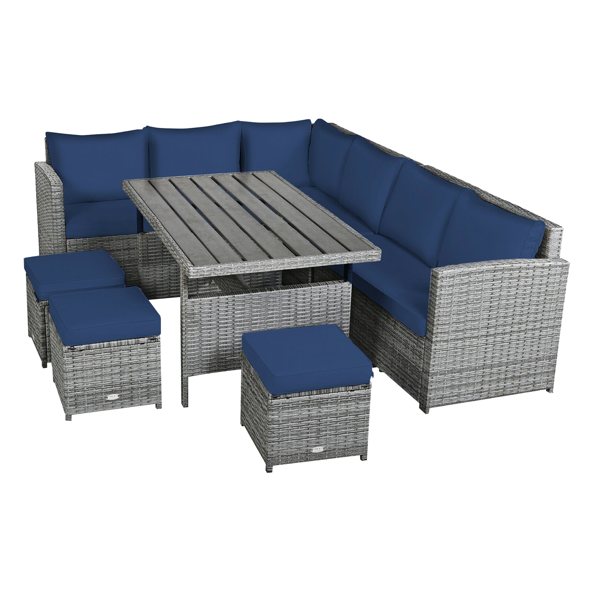 WELLFOR OUJ71503NY+ 7 -Piece Rattan Patio Conversation Set with Blue Cushions