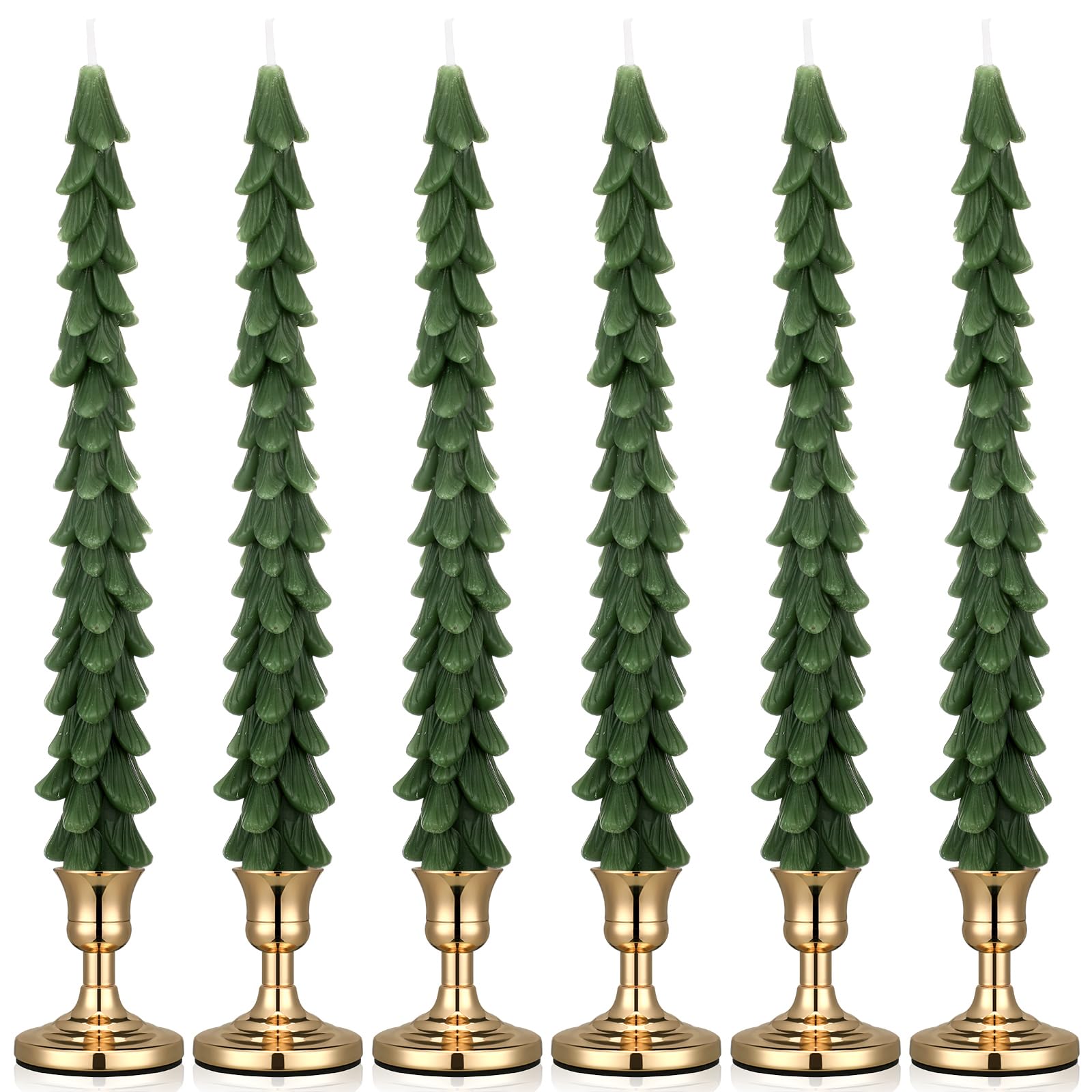 Afoxsos 12 pcs Christmas Tree Taper Candles with 6 Gold Metal Holders Unscented Wax 9.84 in Candles and 2.5 x 2.5 x 3 in Holders Classic