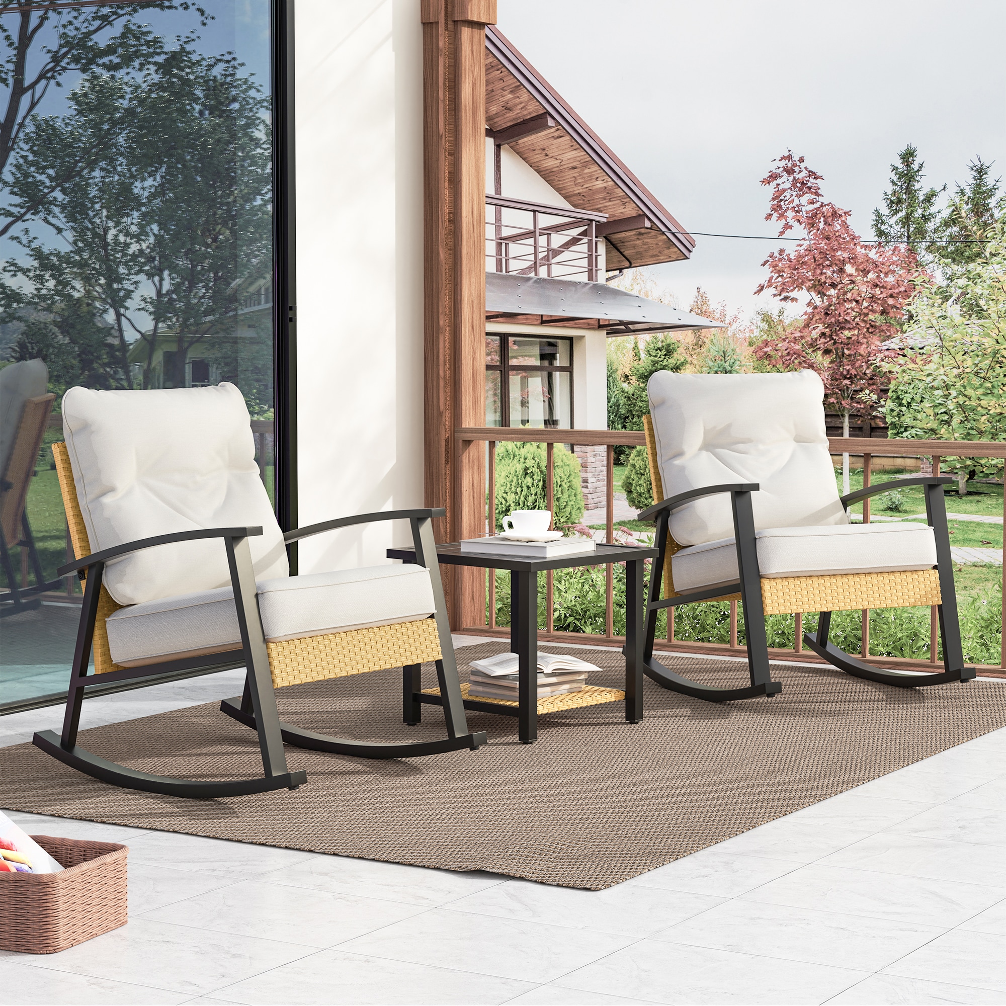 ACEGOSES LW-L3-61-BK-2 Adirondack Chair 3 -Piece Wicker Patio Conversation Set
