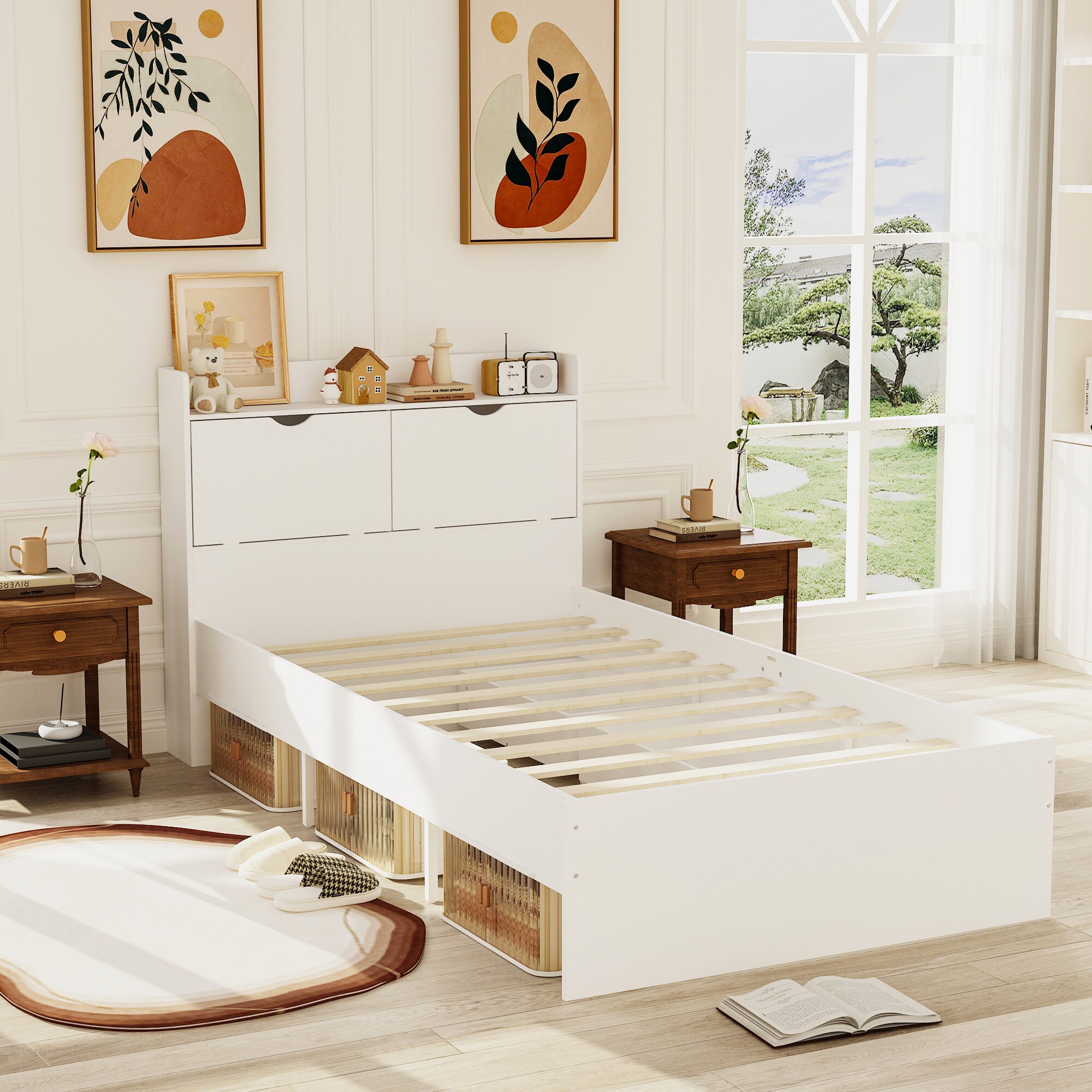 FUFU&GAGA KF260051-01 Platform Bed Frame White Twin Composite Bed frame Bed with Storage