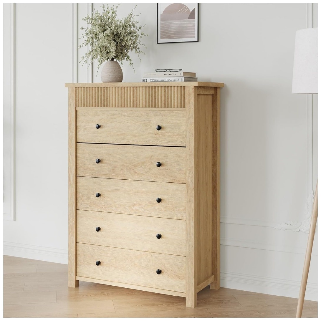 Garvee 5 Drawer Dresser for Bedroom Wooden Chest of Drawers Fluted Storage Organizer for Living Room Hallway Entryway -Natural Oak