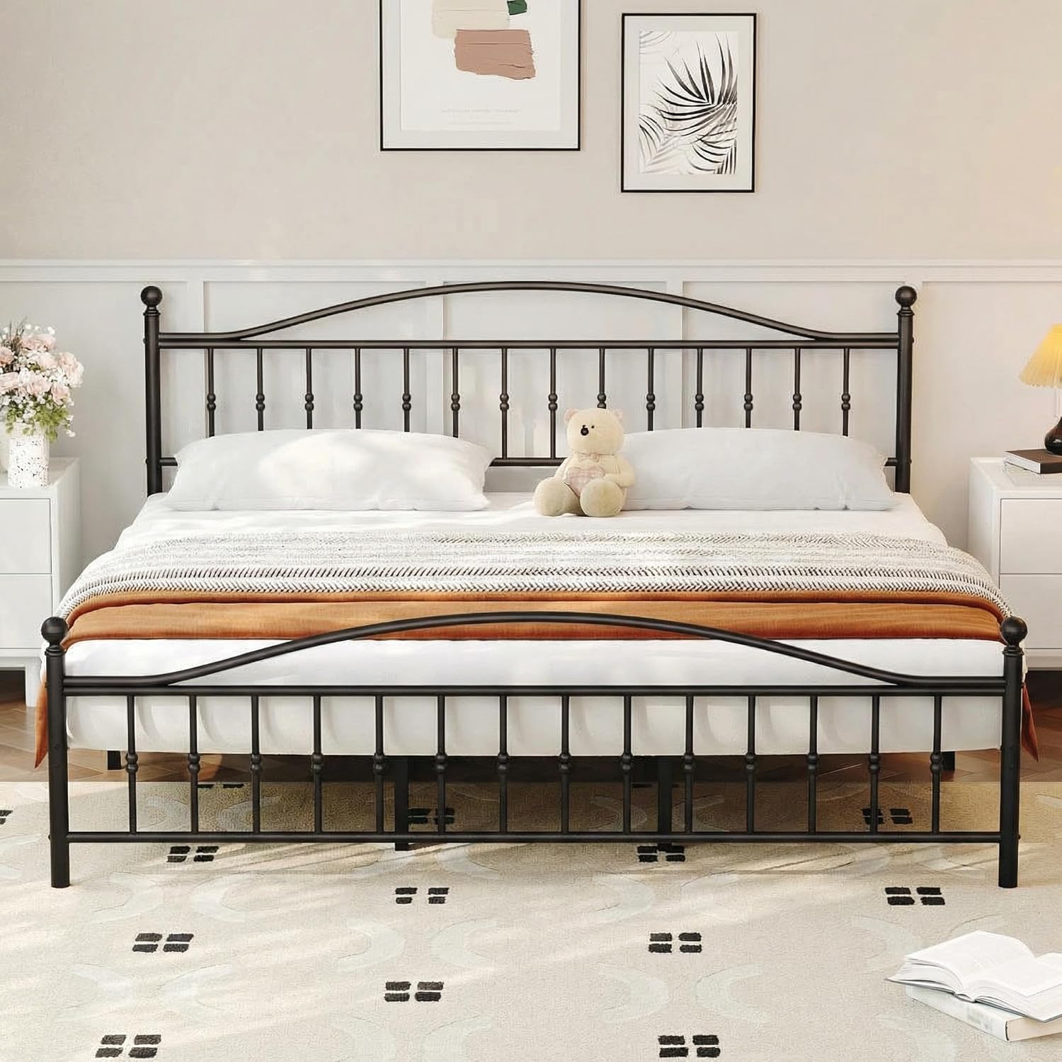 Garvee King Size Metal Platform Bed Frame with Victorian Style Wrought Iron-Art Headboard and Footboard Mattress Foundation Under Bed Storage Noise Free Easy Assembly No Box Spring Required Black