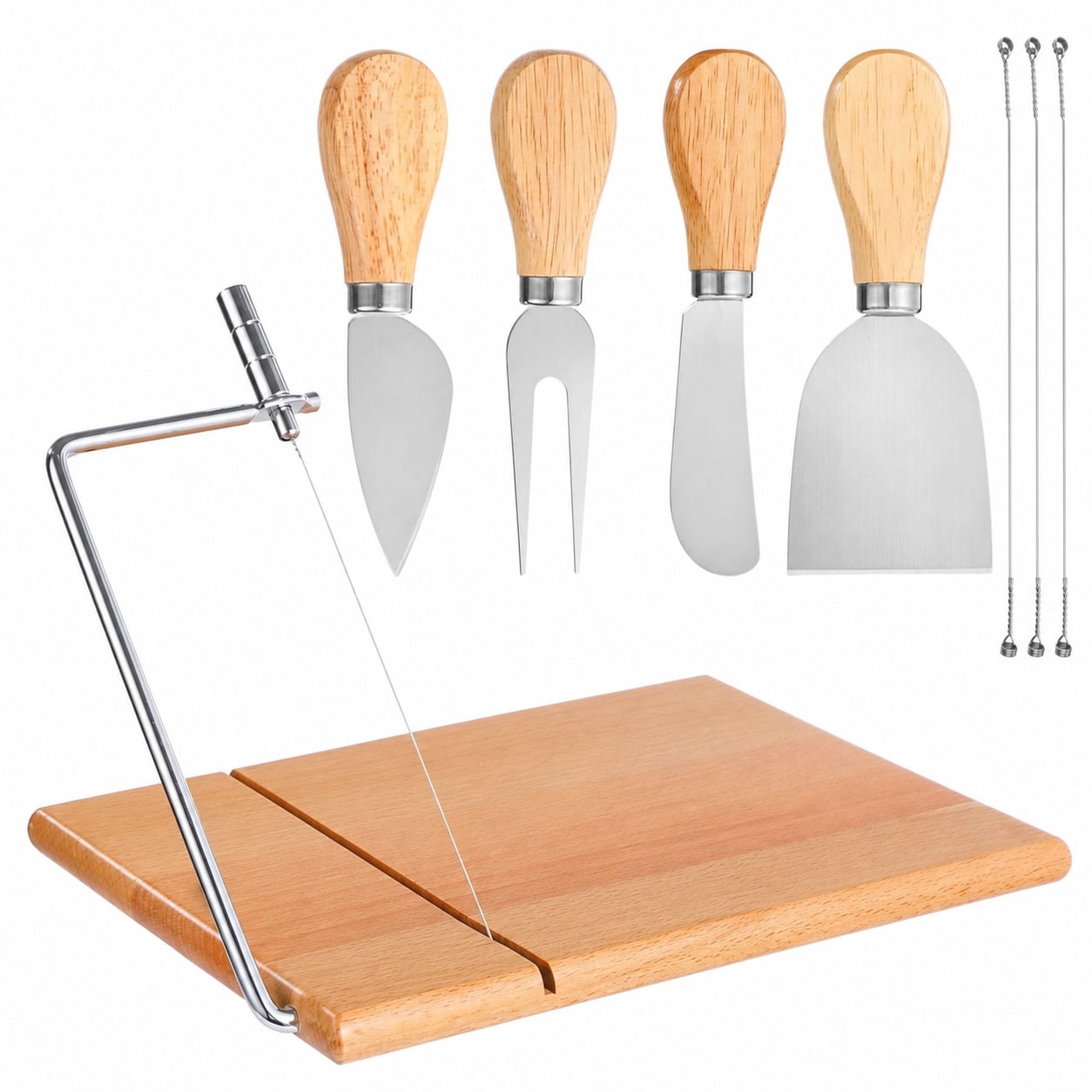 Aoibox  Acacia Wood Cheese Slicer Set with 4 Stainless Steel Cheese Knives and 3 Replacement Cutting Wires Bar