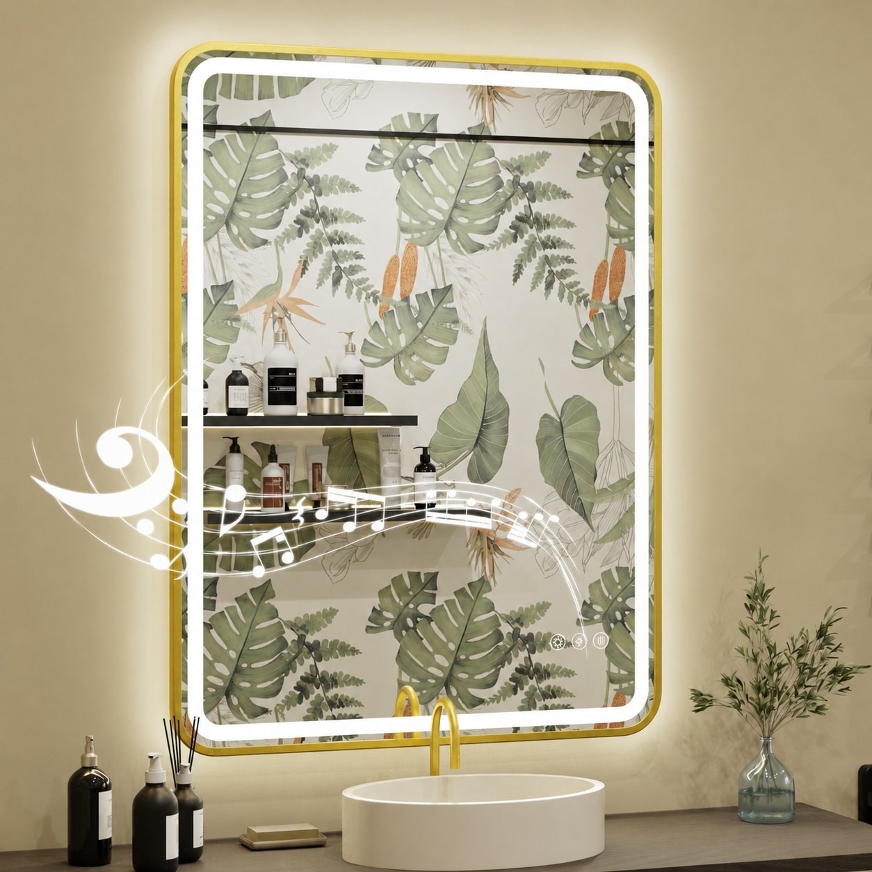 Phewnyzo -  24x32 Inch LED Bathroom Mirror with Bluetooth Speakers Adjustable Color Temperature S...
