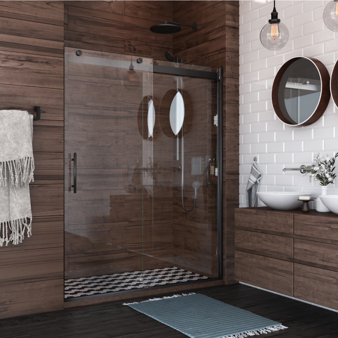 Holcam L2BSEMBLCLR6076EC2 Matte Black 56-in to 60-in W x 76-in H Frameless Sliding Shower Door 5/16-in Thick Clear Glass