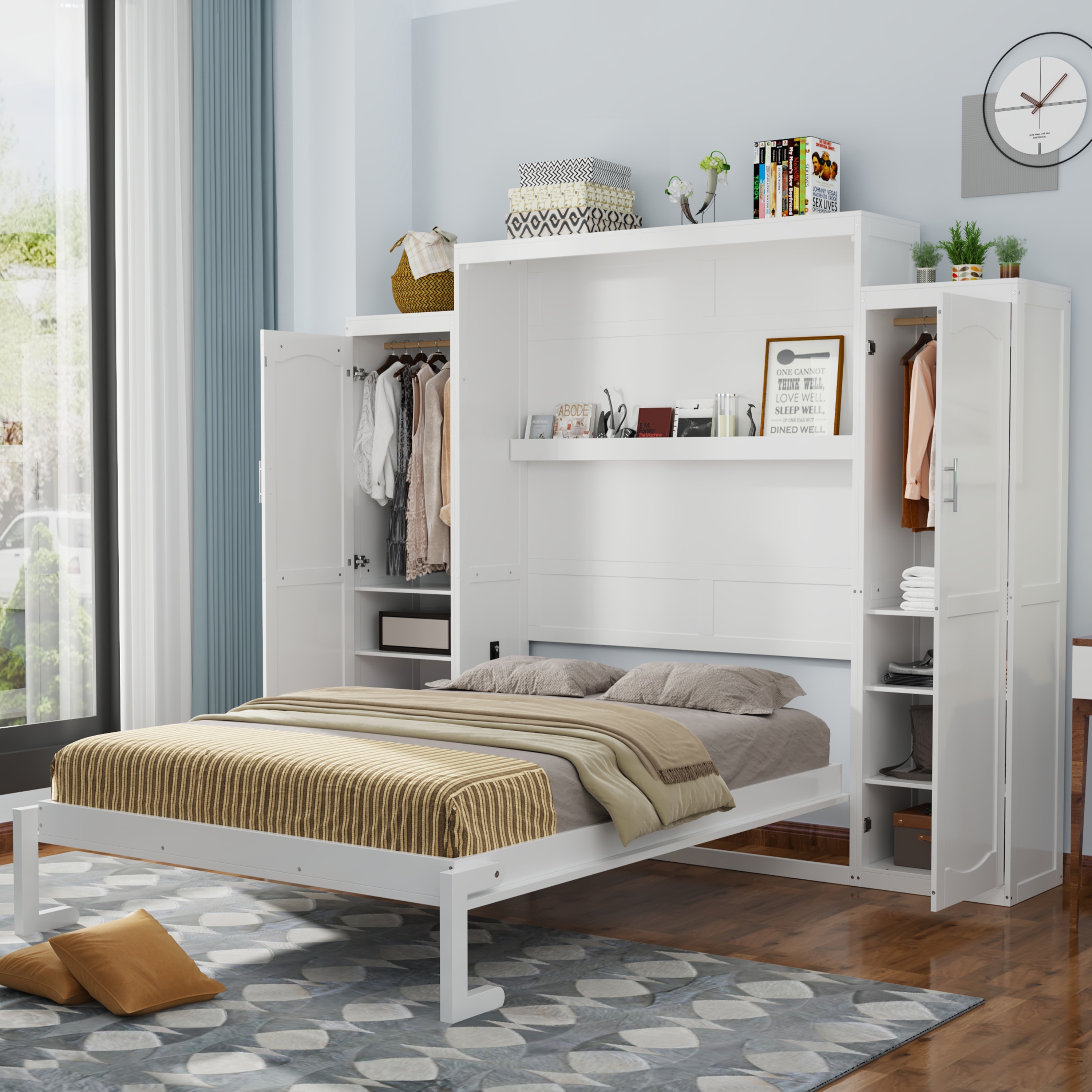 ModernLuxe N733S235596K Full Size Murphy Bed with 2 Wardrobe and Storage ShelfMultifunctional Foldable Platform Bedframe for GuestRoomBedroomWhite