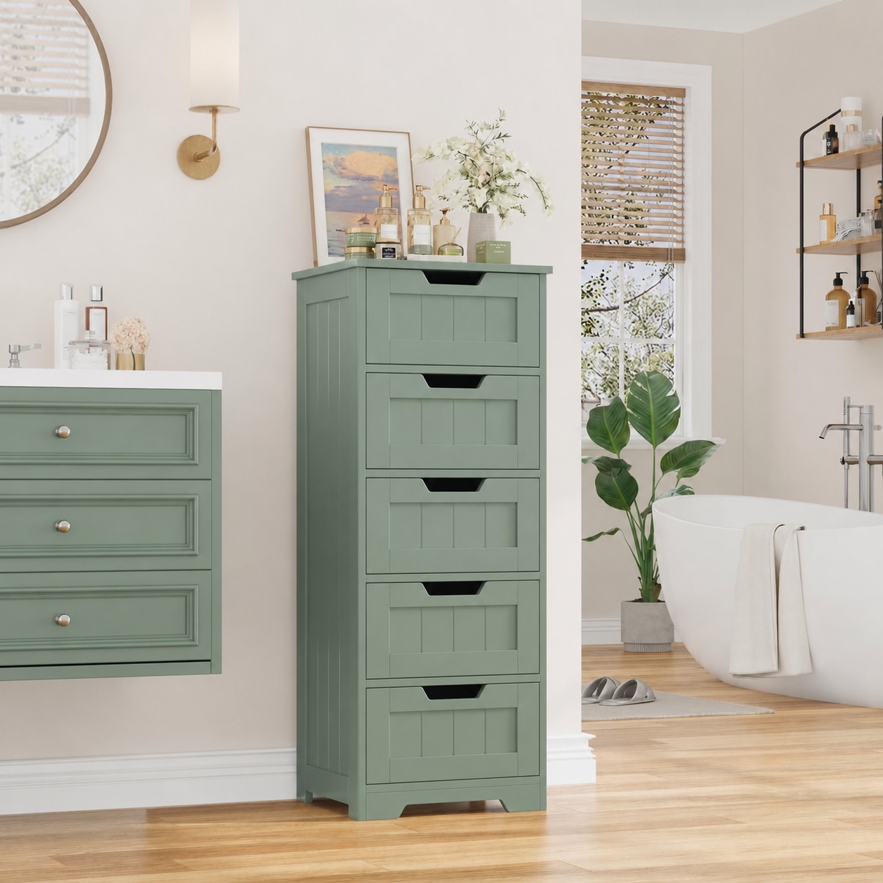 Yichuhaoxi  Bathroom Storage Cabinet 5 Drawer Green Wooden Floor Cabinet with Cut Out Handles for Bathroom Hallway or Living Room 40 Inch Tall