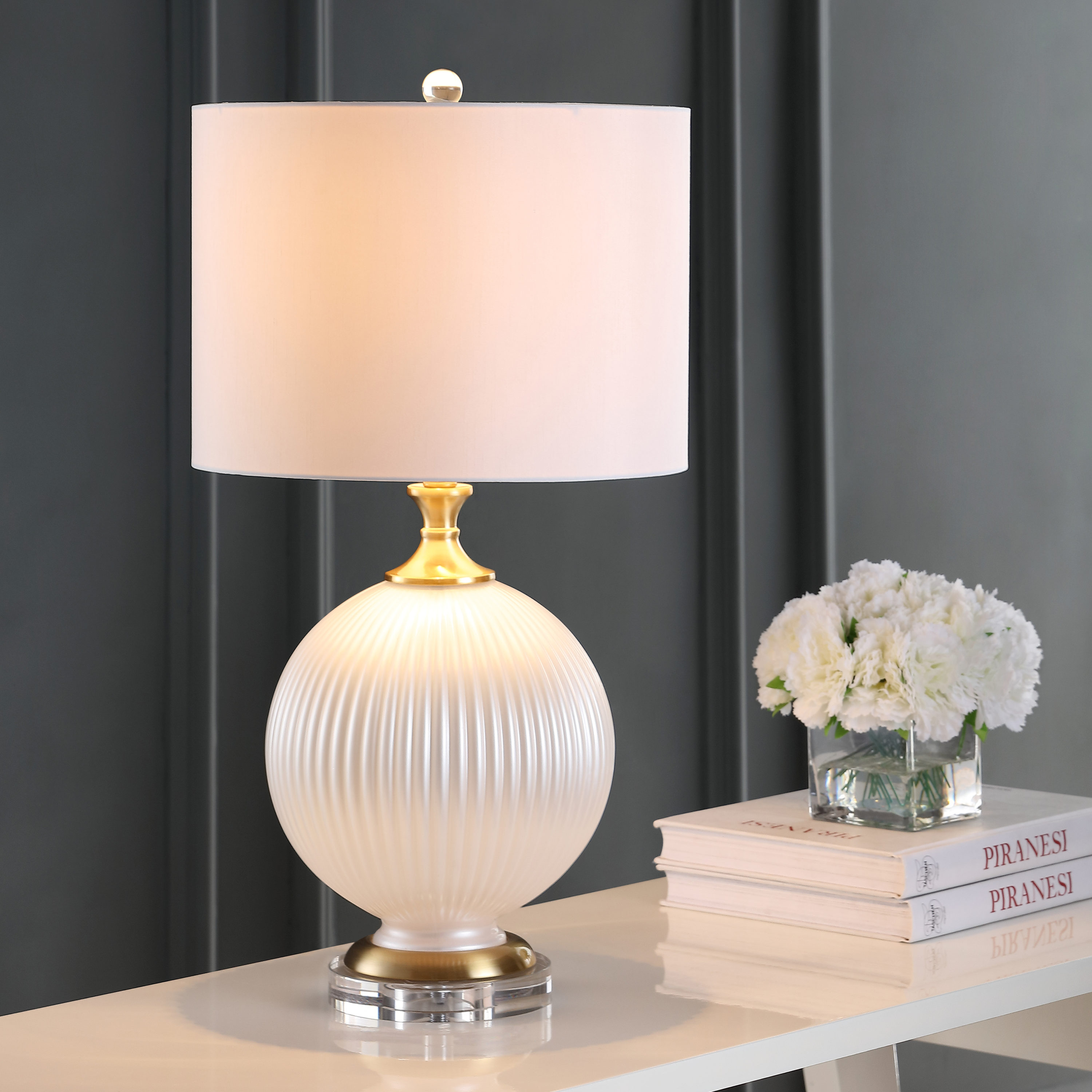 JONATHAN  Y JYL2074B Lucette Glass/Crystal Transitional 26.5-in White LED Incandescent Rotary socket Table Lamp with Silk Shade