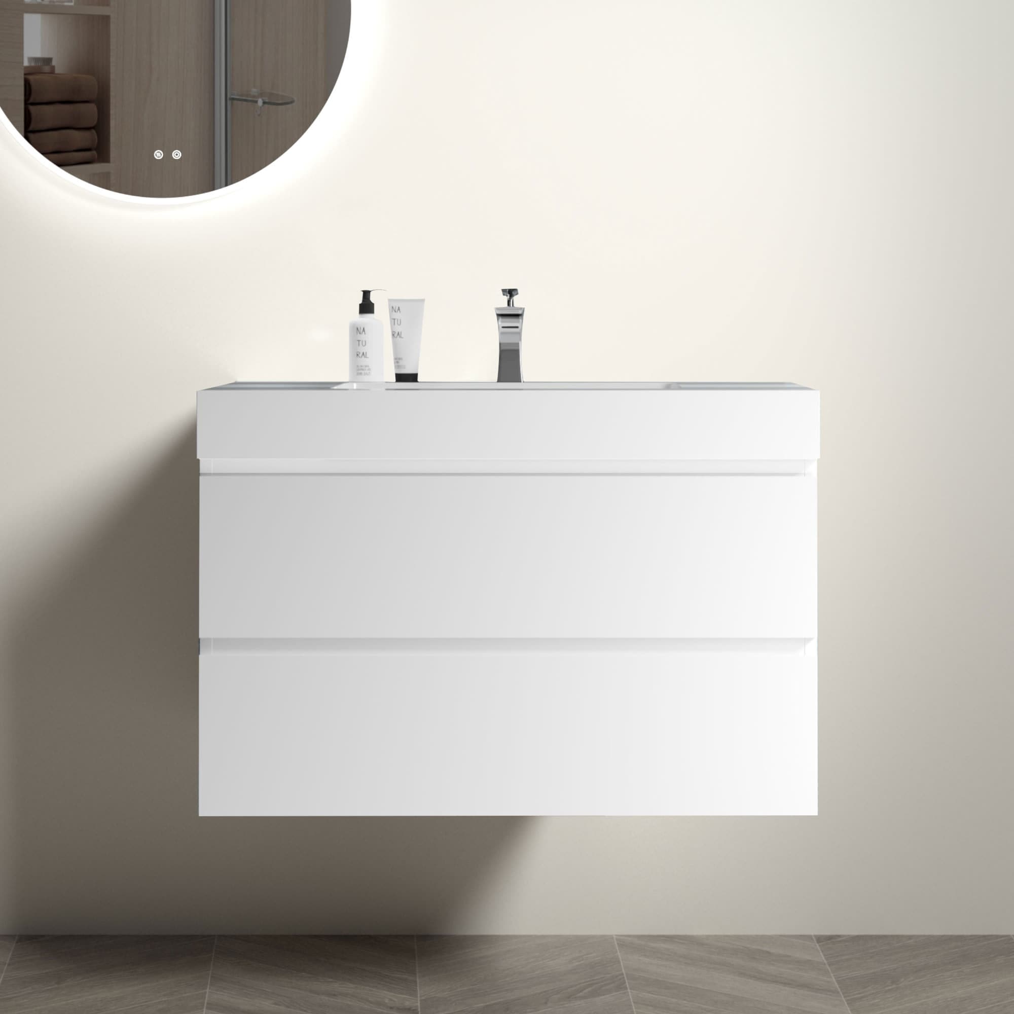 Roomfitters -  36-Inch White Wall Mount Bathroom Vanity Set with Integrated White Sink Basin Top
