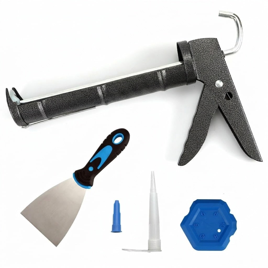 Phyfalip  No Drip Caulk Gun 1 Piece Silicone Caulking Tool for Kitchen Bathroom Sink Joint Sealing Fits 10 OZ Tubes Includes Grout Scraper Putty