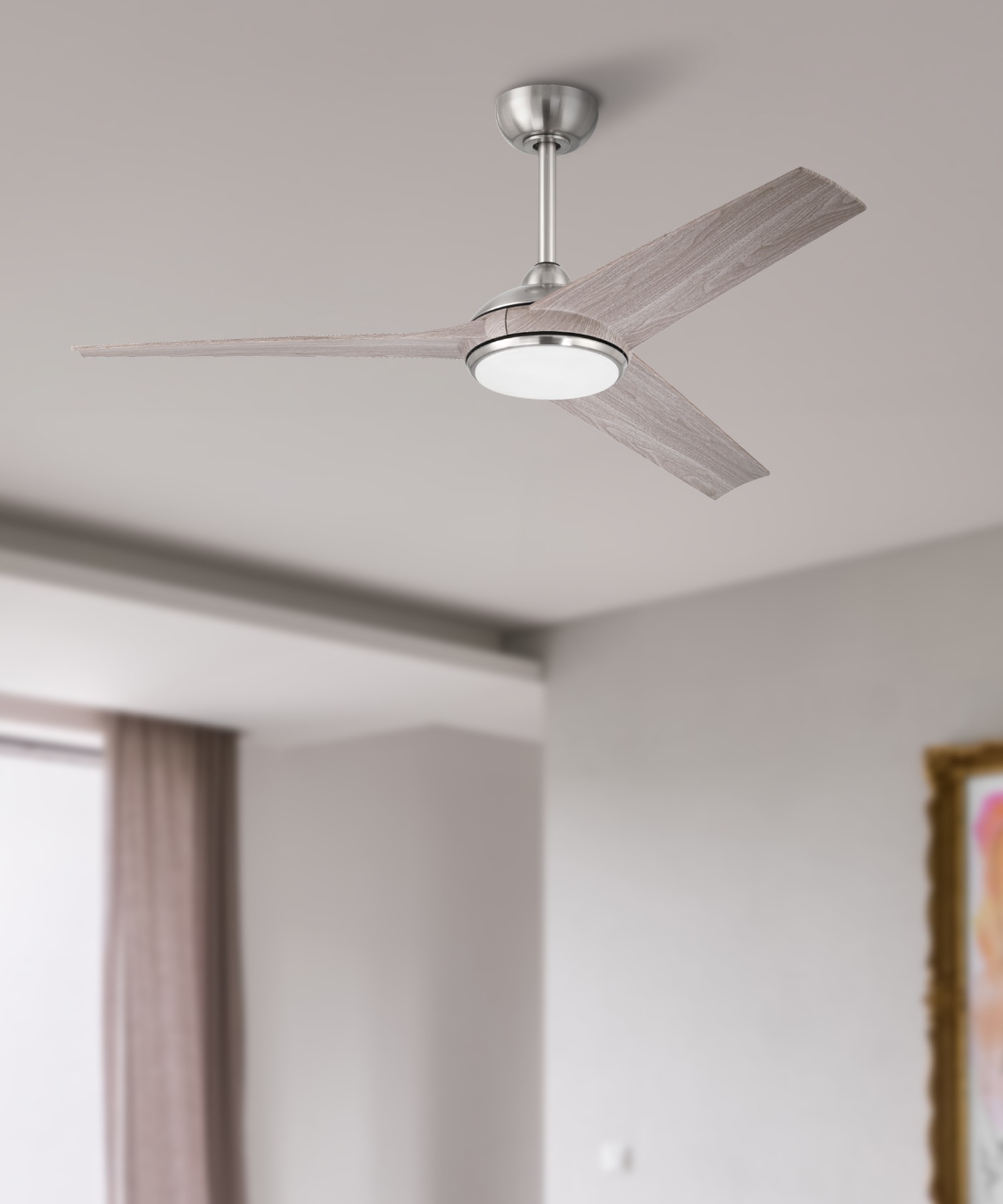 Harbor Breeze Chetwood Easy Install 52-in Color-Changing Integrated LED Outdoor Brushed Nickel with Wench Wood Blades Ceiling Fan With Light - Remote Included ( 3 -Blade )