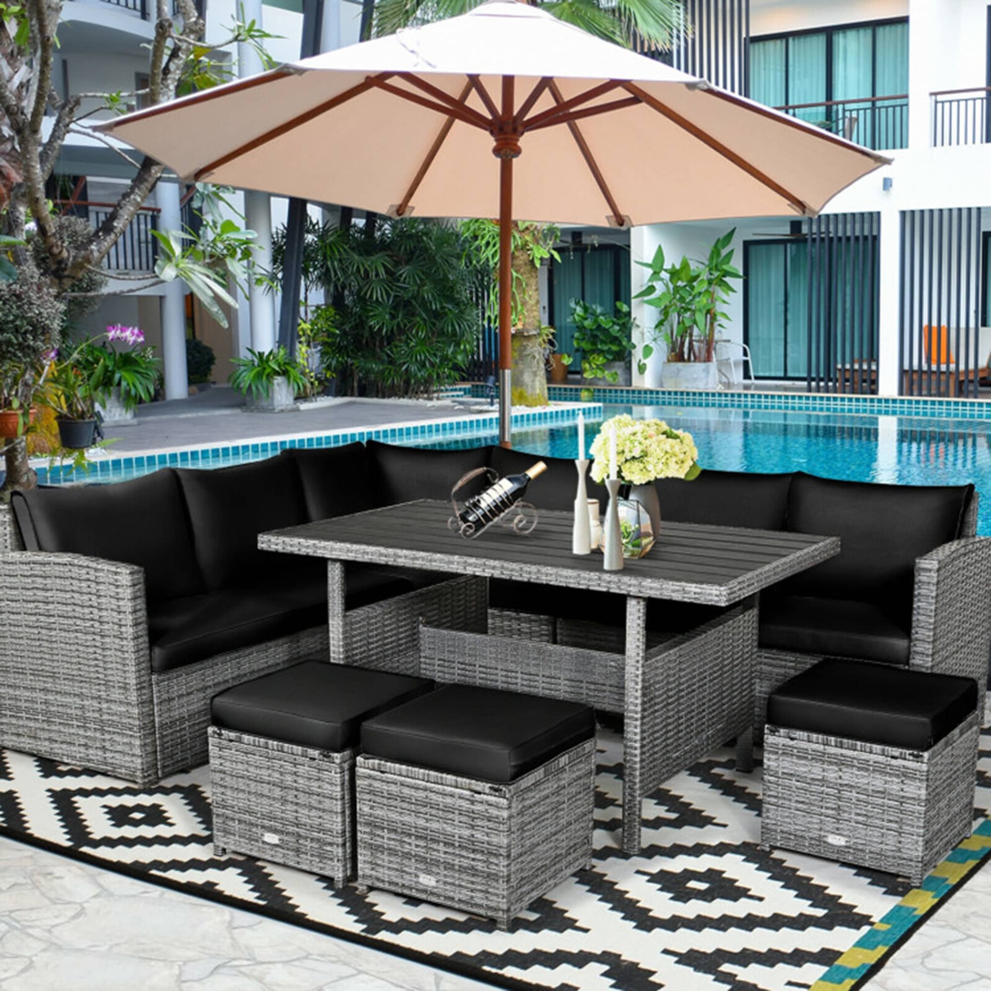 Mondawe OR-S00008-DS 7 -Piece Rattan Patio Sofa Conversation Set with Black Cushions