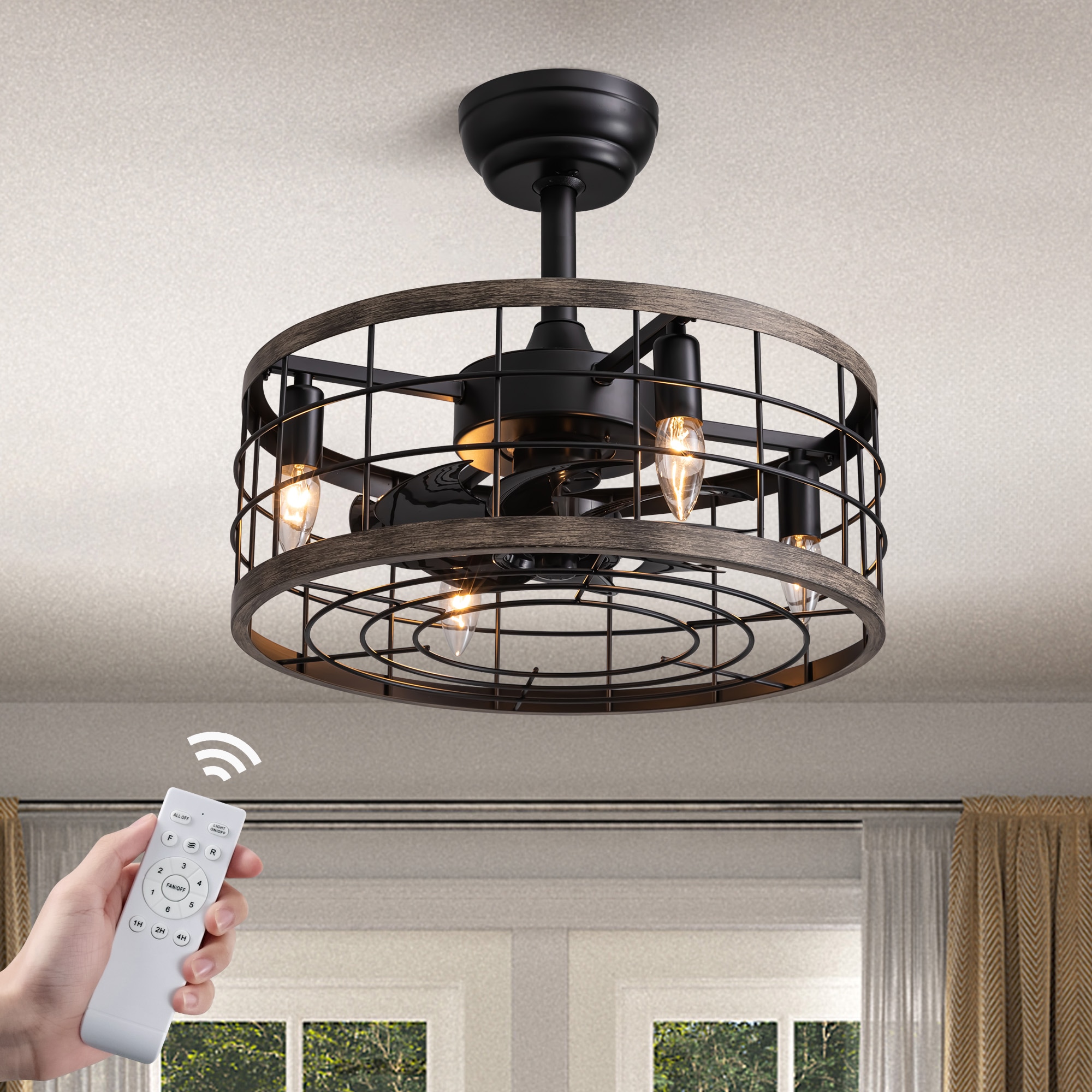 Antoine BLW017 18-in Enclosed Drum Black with ABS Blades Fandelier Ceiling Fan With Light - Remote Included ( 8 -Blade )