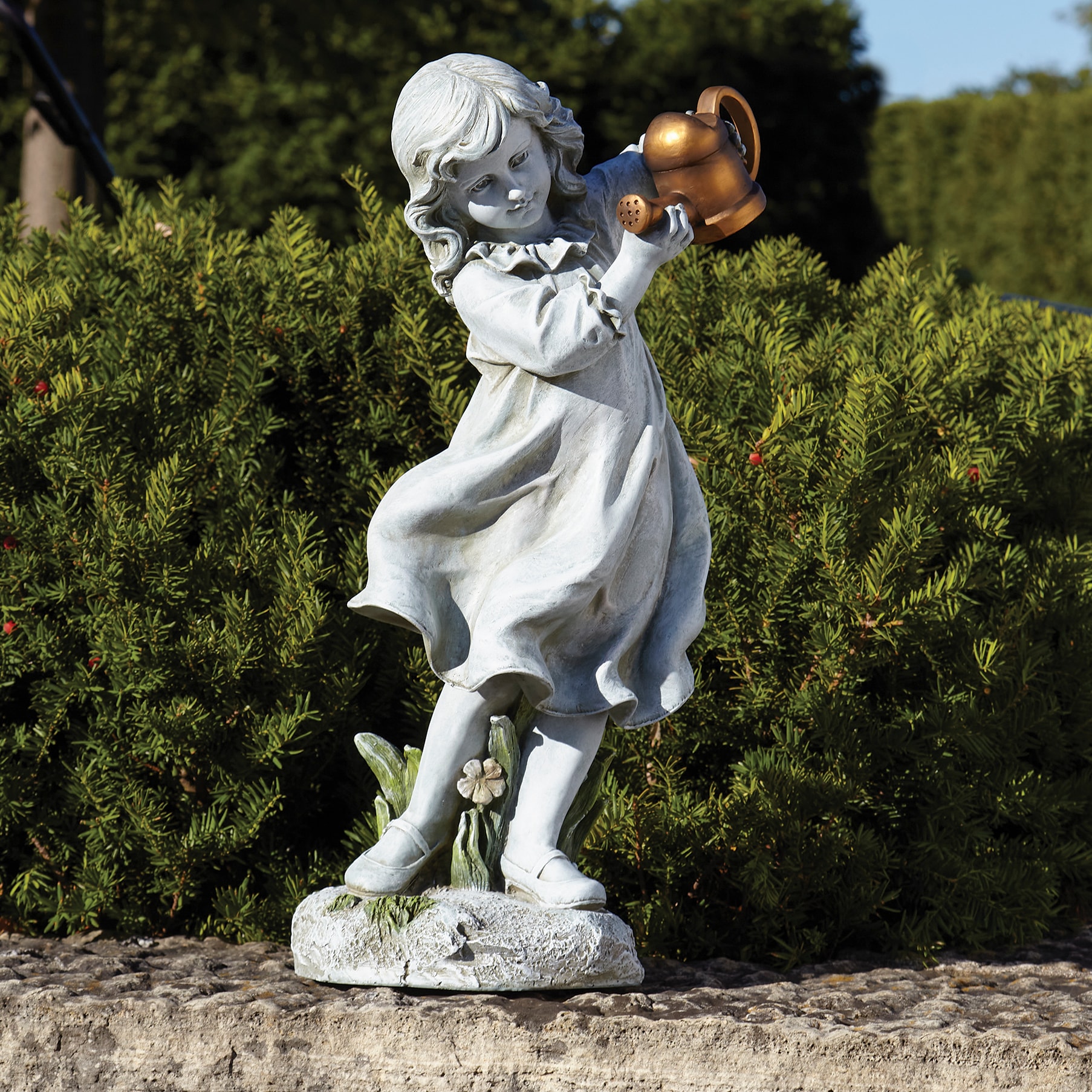 Gray Resin Girl with Bronze Watering Can Garden Statue