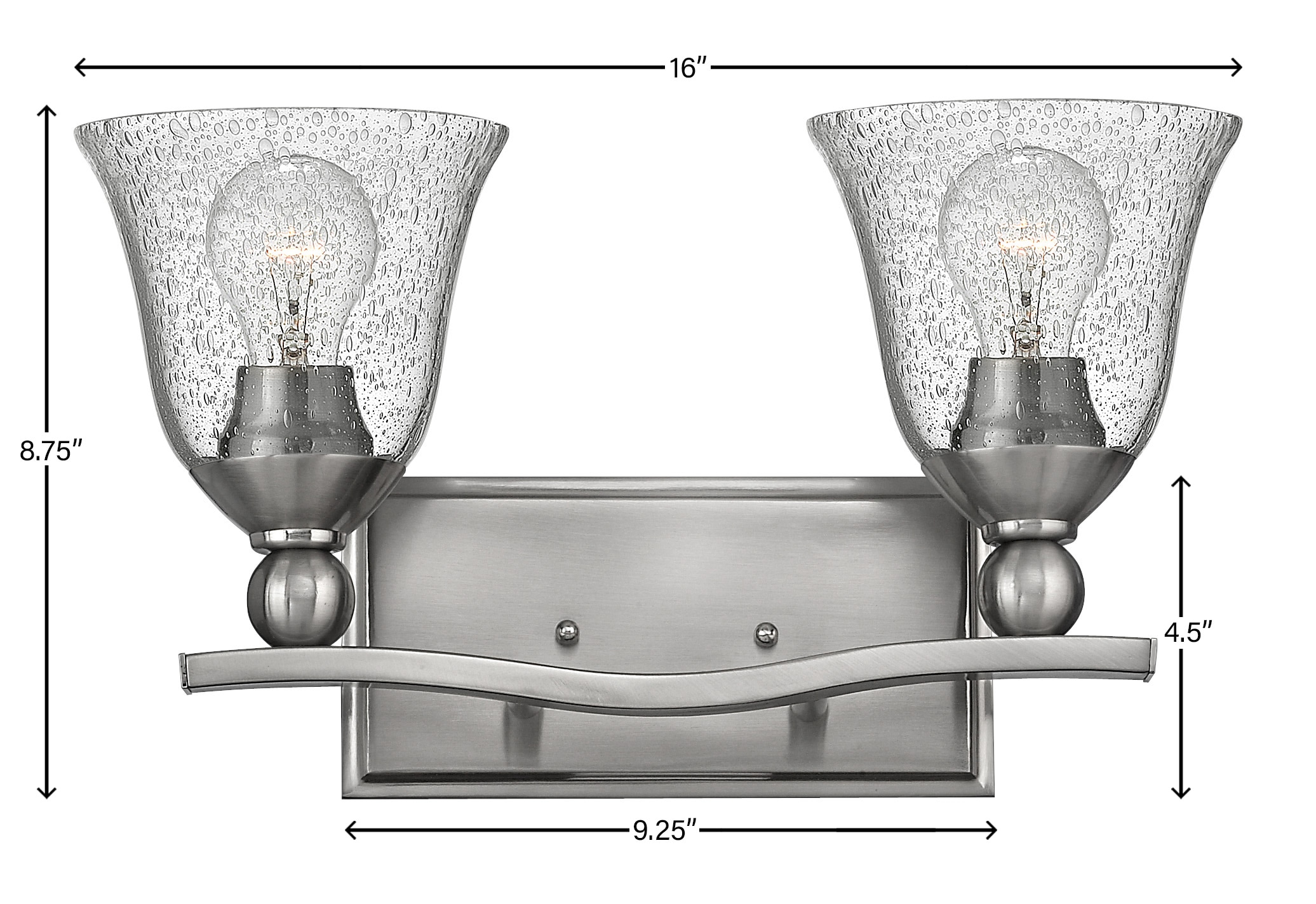 Transitional Brushed Nickel 2-Light Bathroom Vanity with Clear Seedy Glass